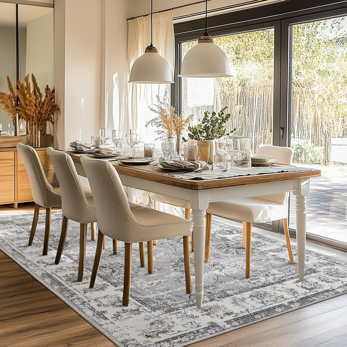 jinchan Washable Area Rug 8x10 for Living Room Soft Faux Wool Ultra-Thin Stain Resistant Non-Slip Distressed Vintage Floral Large Carpet for Bedroom,Dining Room,Home Office,Nursery(Grey, 8'x10')