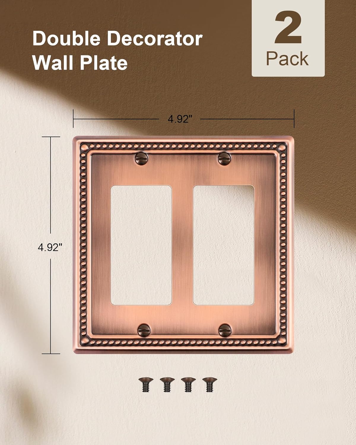 2-Pack Double Decorator Outlet Cover Plate, Antique Copper Pearls Decorative Switch Plates and Outlet Covers, Metal Wall Plates for Electrical Outlets, Receptacle, GFCI Outlet, Dimmer Switch