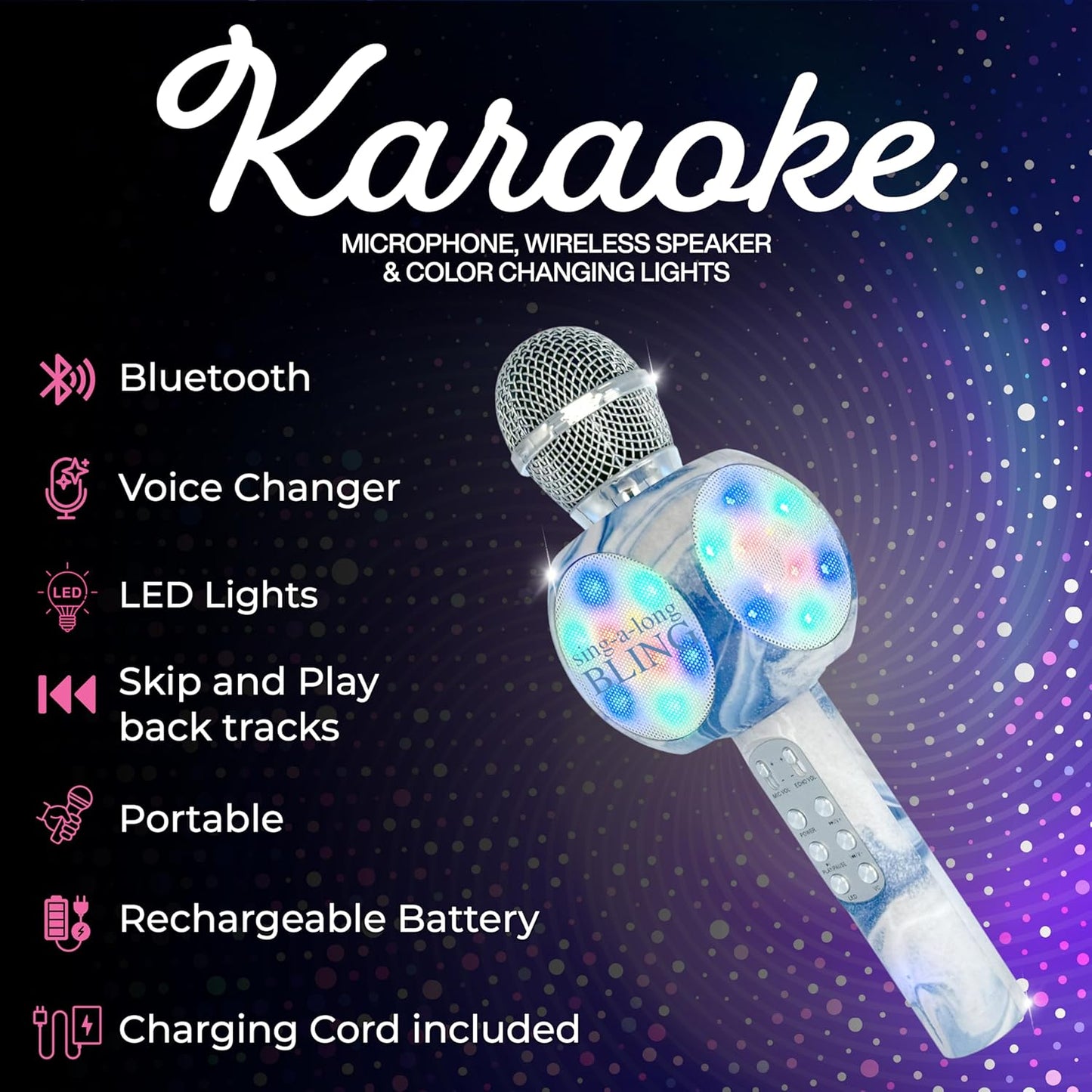 Sing-Along Bluetooth Karaoke Microphone and Bluetooth Stereo Speaker, Swirl Edition, All-in-One (Swirl Blue)