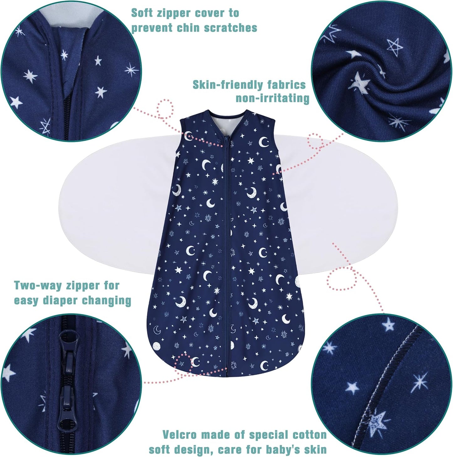 Newborn Sleep Sack Baby Swaddle,Swaddle me 6-12 Month,3-Way Adjustable Wearable Blanket,100% Rayon Cotton Swaddling Sleeping Bag，TOG 0.5 (Starry Sky, 6-12 Months)