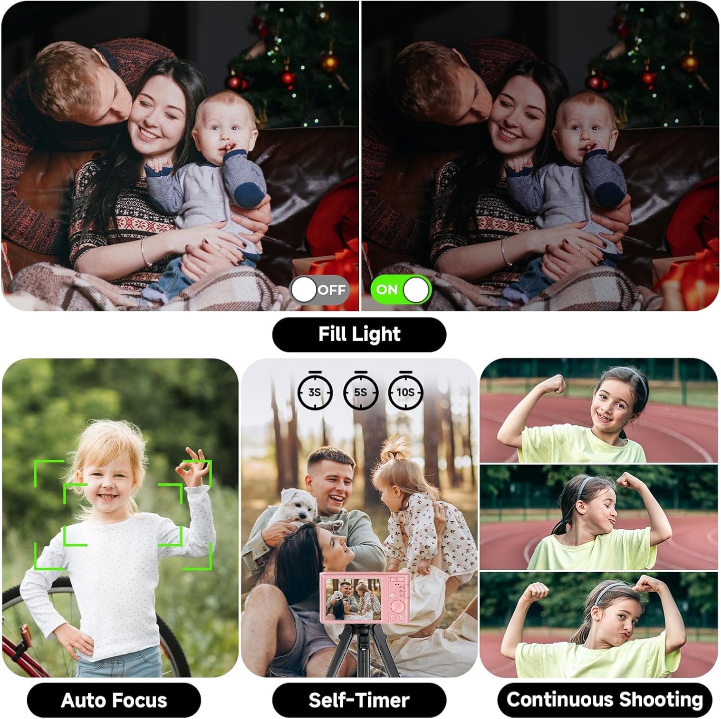 Digital Camera, FHD 4K 44MP Digital Camera, 16X Digital Zoom, Digital Point and Shoot Camera with 3-LED Fill Lights, 64GB SD Card, Compact Camera for Kids Teen Boys Girls, Pink