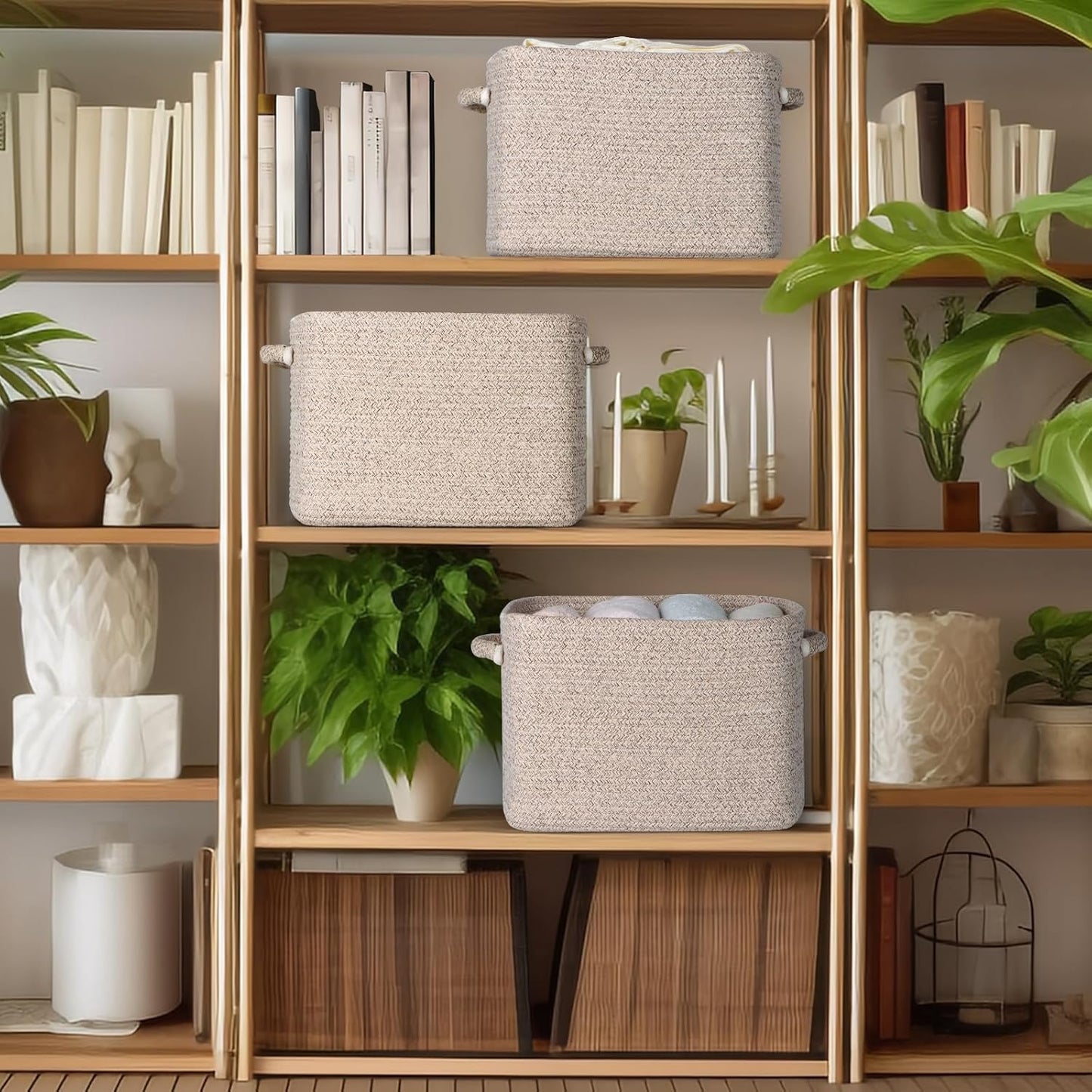 Kntiwiwo Storage Baskets for Organizing 14.7”x11”x9.6” Rope Storage Baskets for Shelves with Handles, Decorative Closet Baskets & Bins, Large Woven Baskets for Storage, Beige & Brown