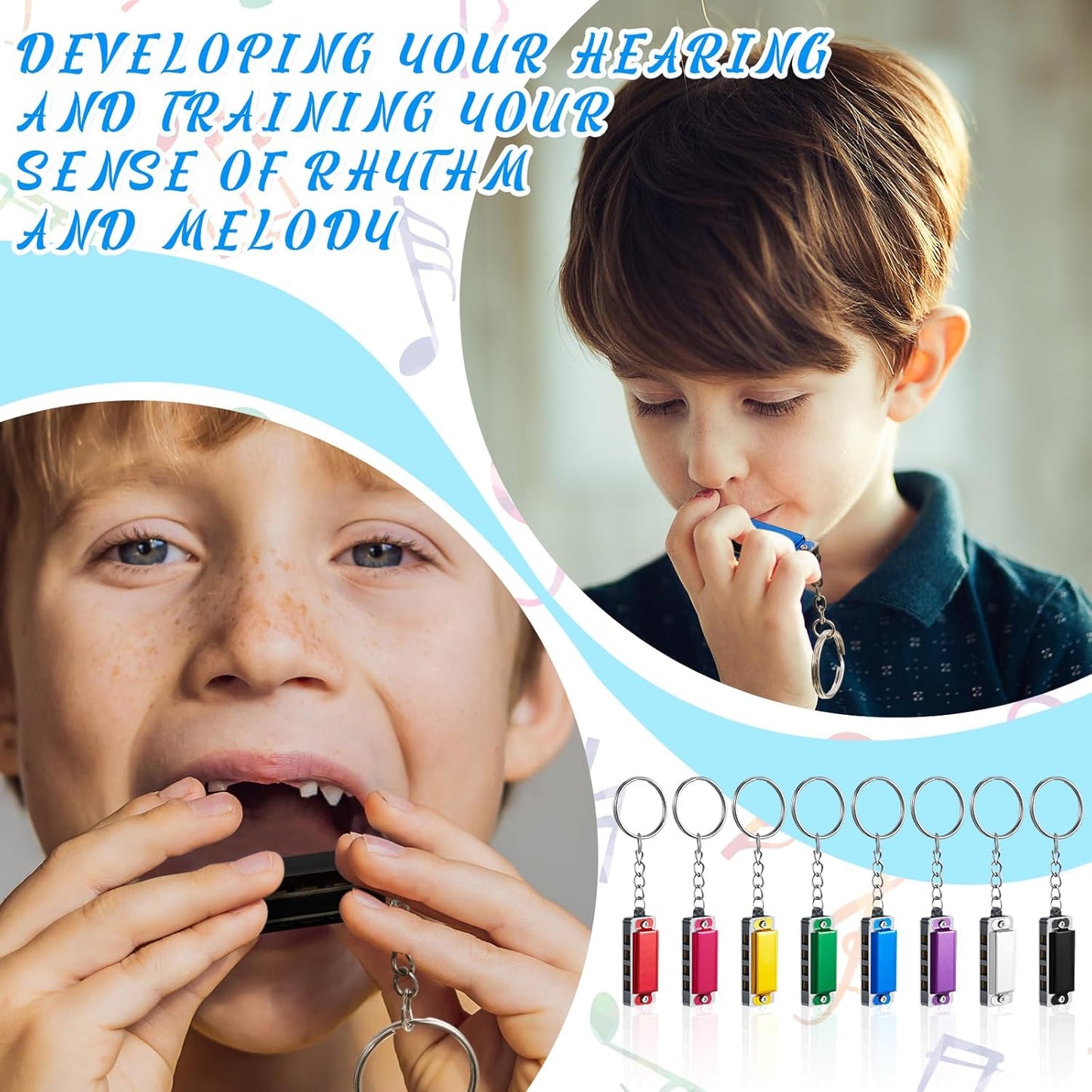 Ecally 64 Pcs Mini Harmonica Keychain for Kids Operation Christmas Favors Portable Wind Instruments 4 Holes 8 Tunes Harmonica Music Party Favors Cute Music Keychain Accessory (Multicolor)