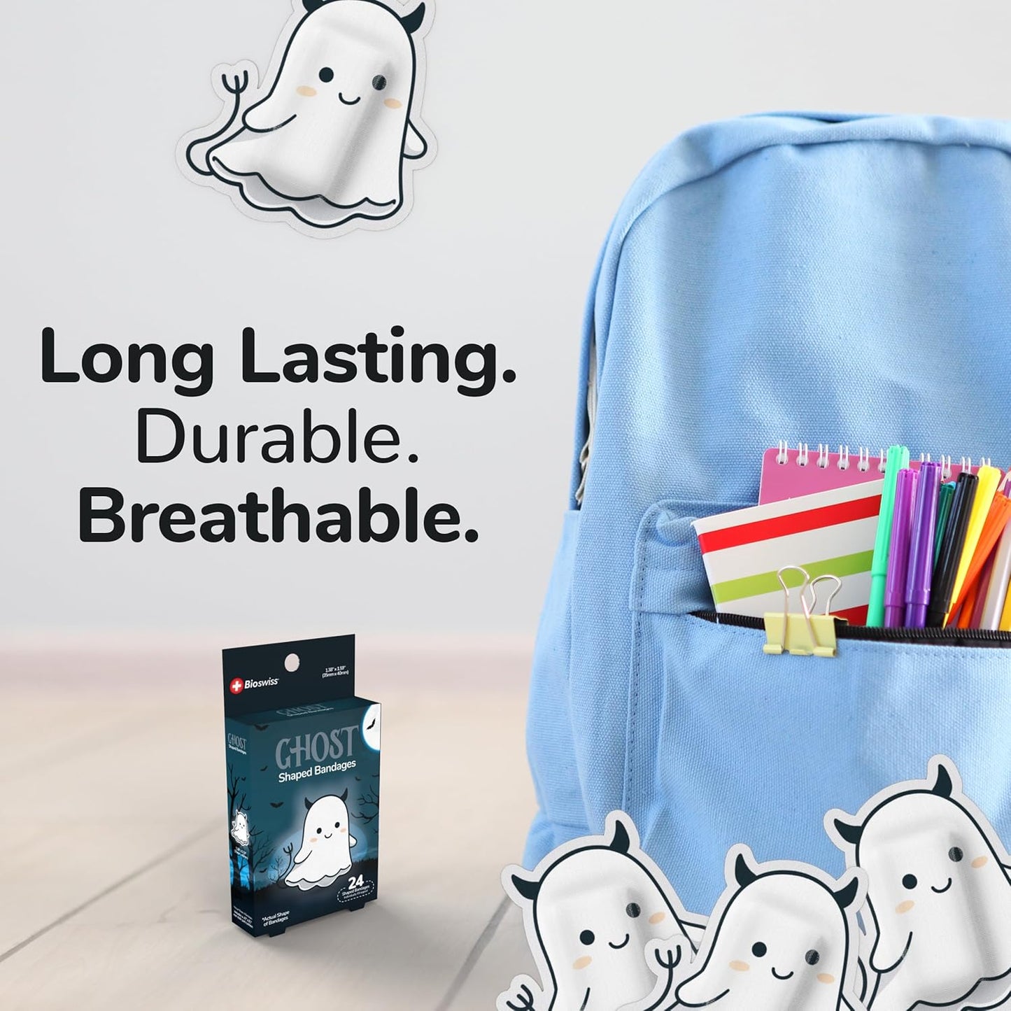 BioSwiss Bandages, Halloween Ghost Shaped Self Adhesive Bandage, Latex Free Sterile Wound Care, Fun First Aid Kit Supplies for Kids, 24 Count