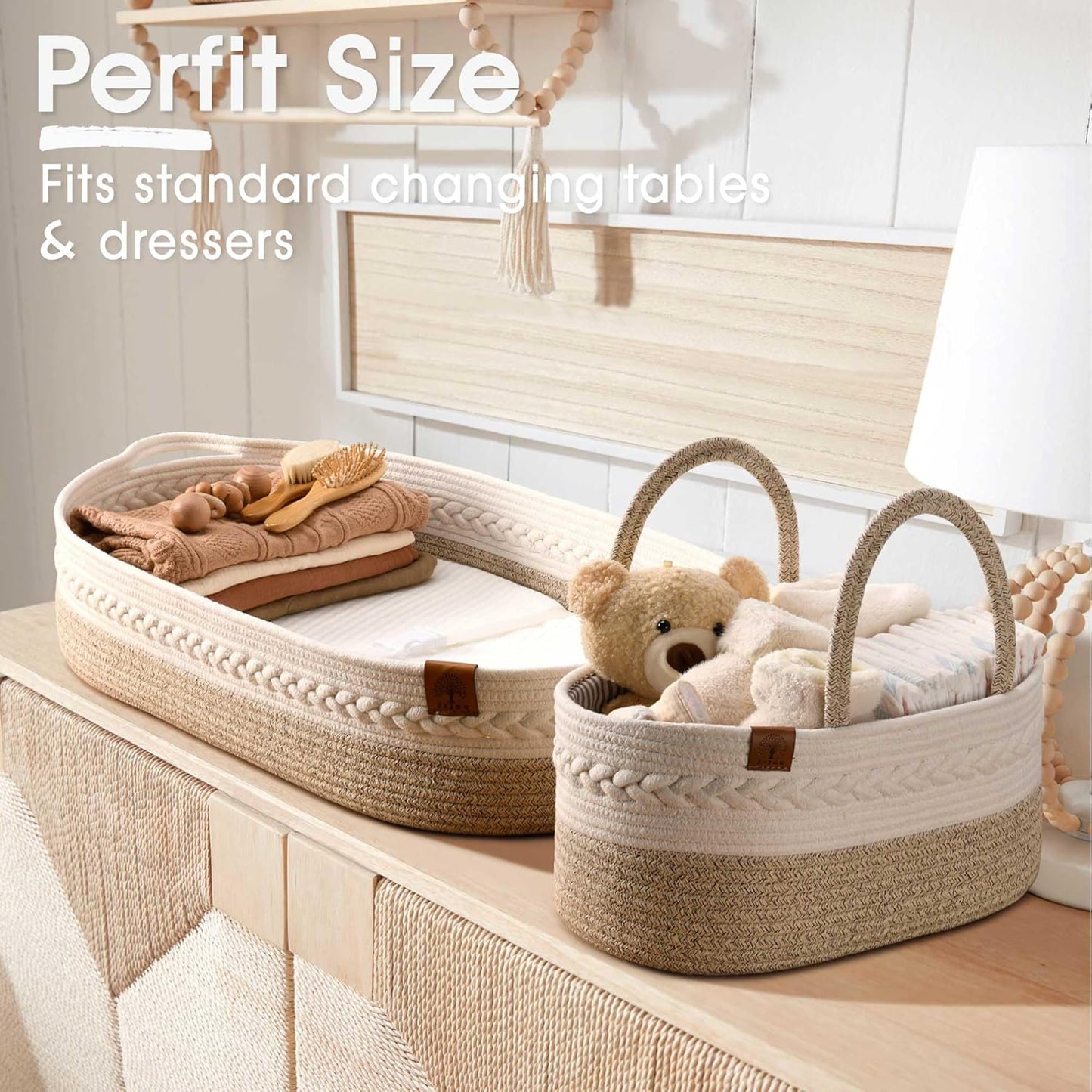 Baby Changing Basket Includes Diaper Caddy - Breathable & Waterproof Dual-Cover, Portable, Changing Pad for Dresser & Changing Table, Gift for Baby Shower, Cotton Rope Basket for Baby