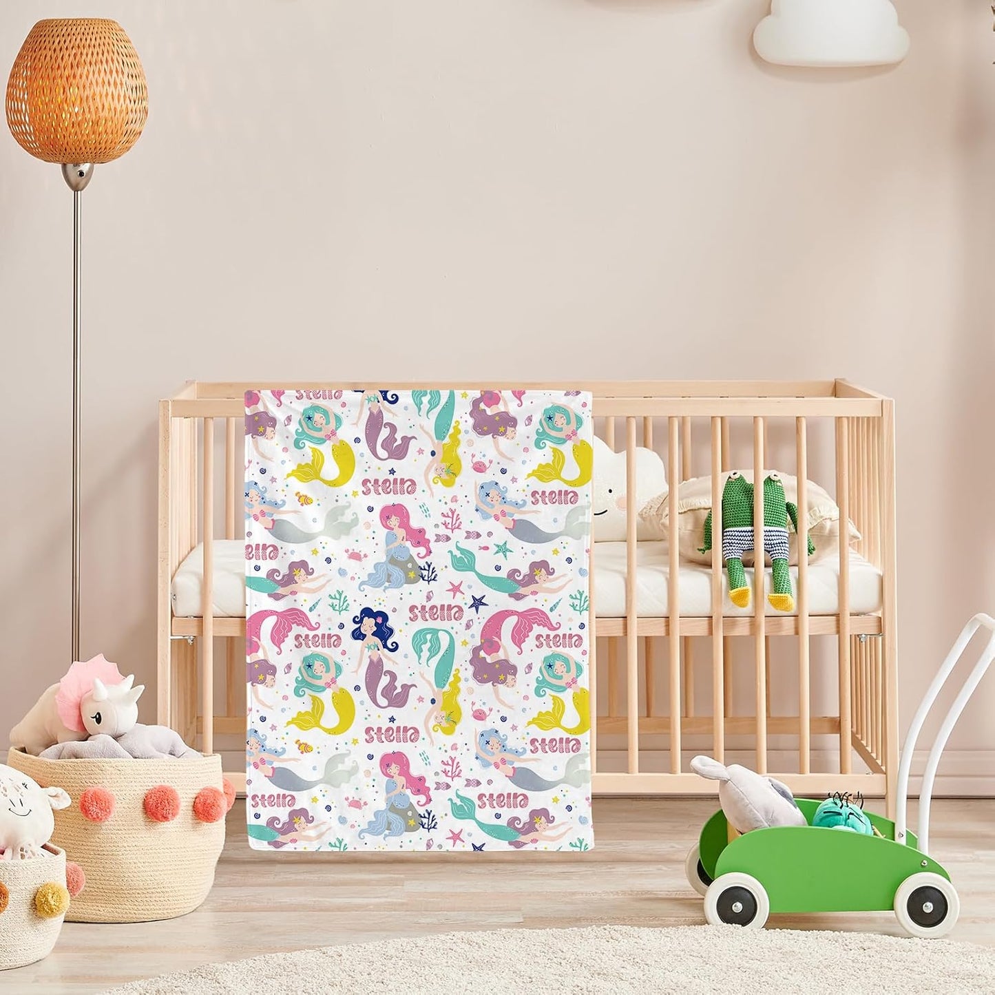 Personalized Baby Blanket with Name, Custom Mermaids Name Blanket Toddler Girls Soft Flannne Swaddling Blankets Customized Monogram Memorial Gift from Nana for Infant Newborn Shower