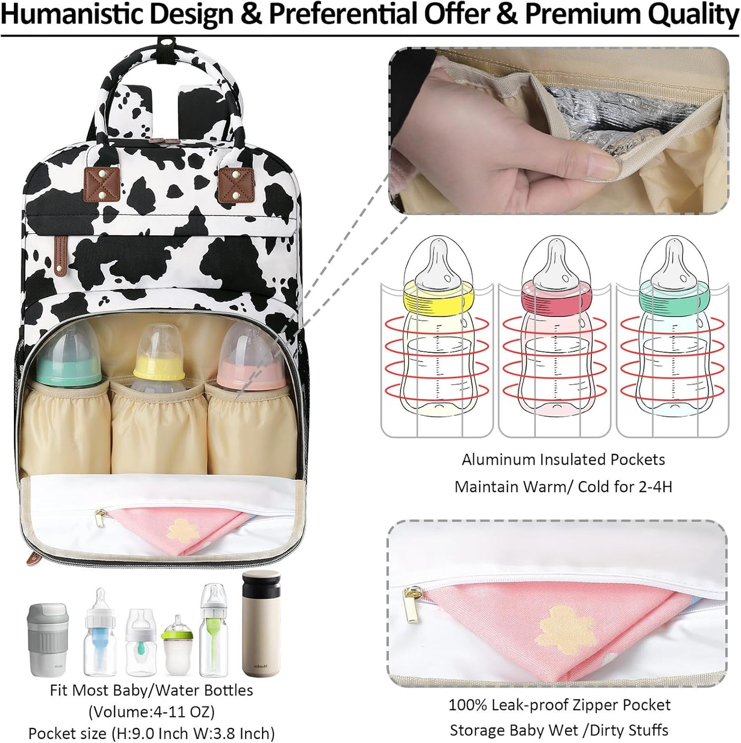 Large Capacity Baby Diaper Bag Backpack with Insulated Pockets, Waterproof, Stylish Cow Print Design, Suitable for Boys and Girls