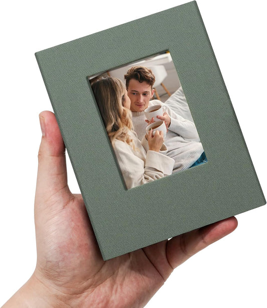 Small 4x6 Photo Album 100 Pockets Linen Cover with Front Window Portable Mini Picture Book for Family Travel Wedding and Memory Keepsake Organizer Gray Green