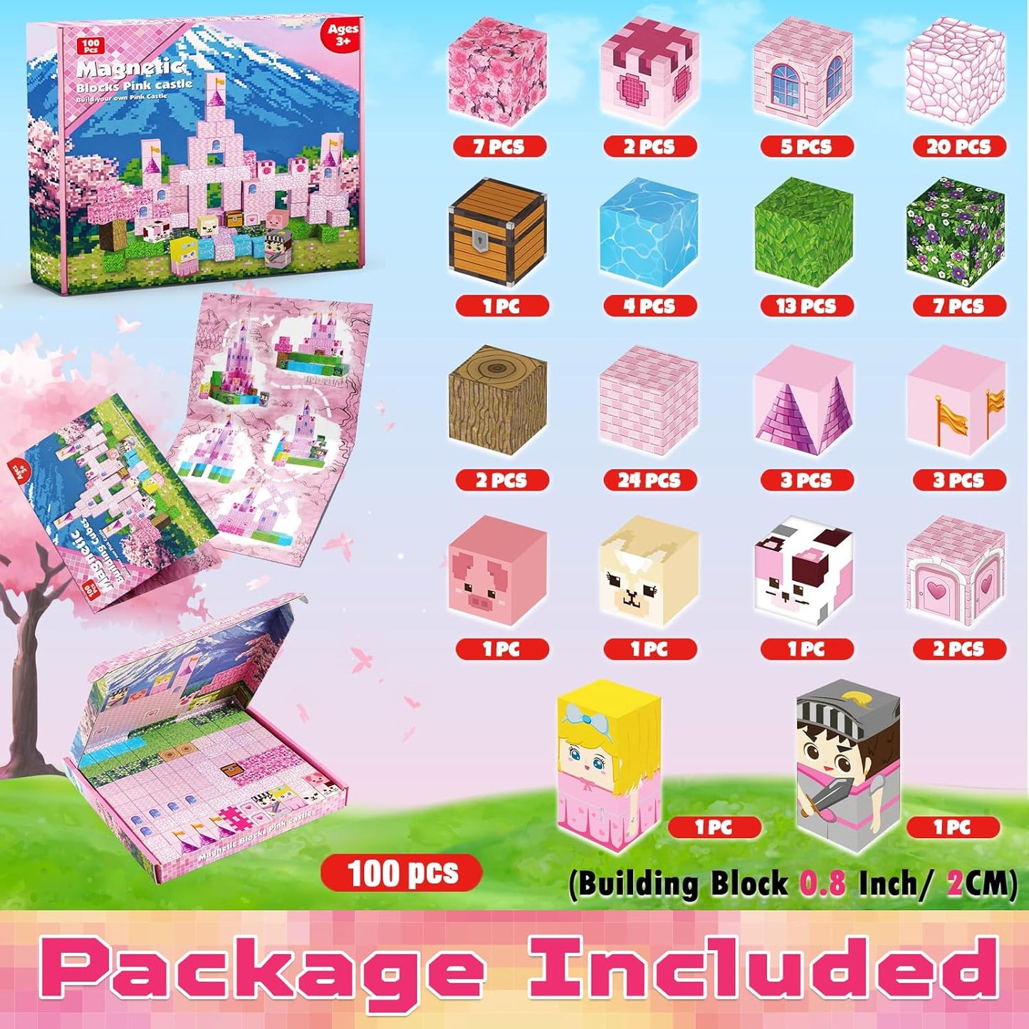 Magnetic Blocks - 100PCS Magnetic Building Block for Kids, Pink Princess Castle Magnet Cubes Sets, Princess Toys for Girls Ages 3 4 5 6 7 8-12 Holiday Birthday Gifts