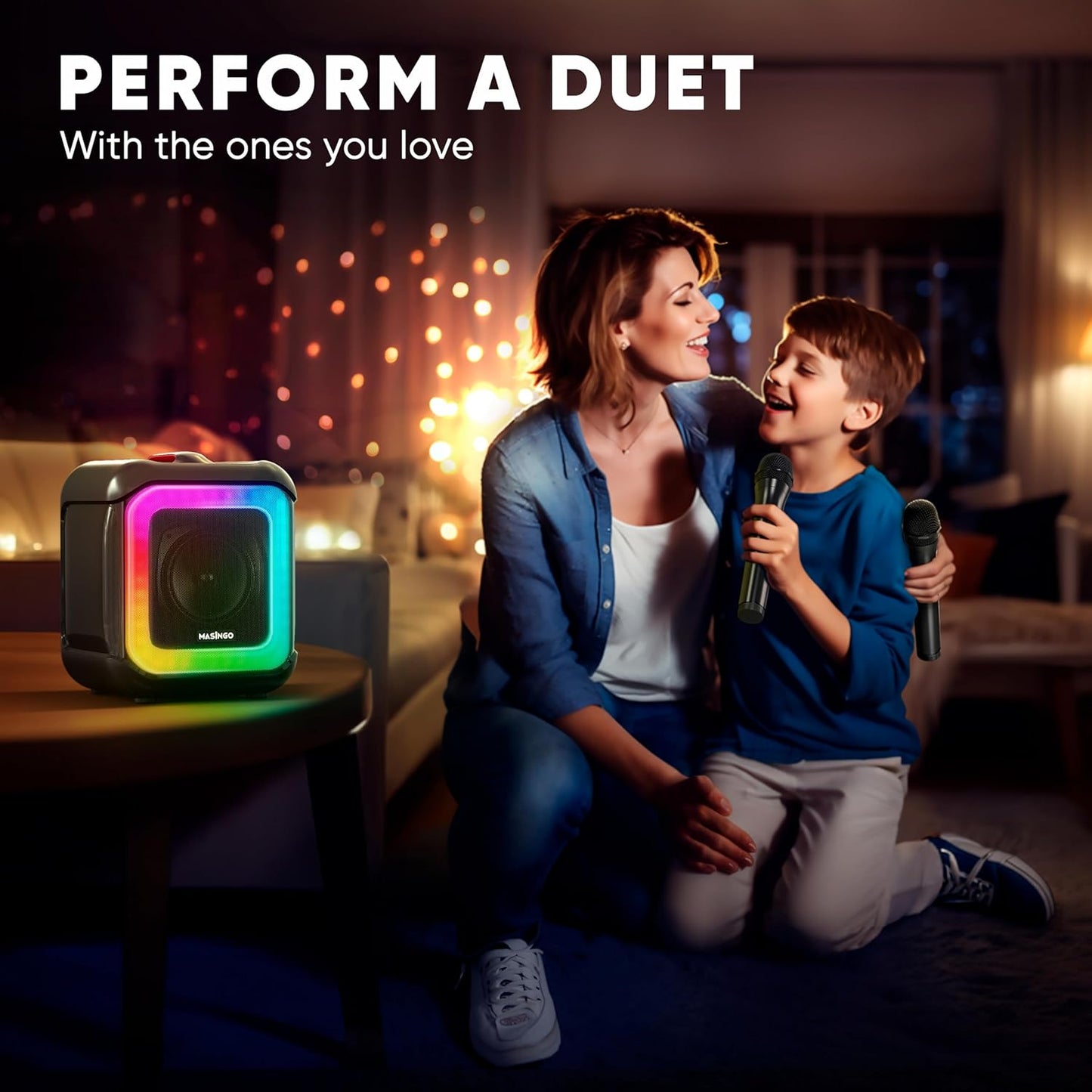 MASINGO Karaoke Machine for Kids and Adults with 2 Wireless Bluetooth Microphones, PA Portable Speaker Toy for Girls and Boys with Colorful LED Lights, Supports TF Card/USB, TWS for Home Party, C7