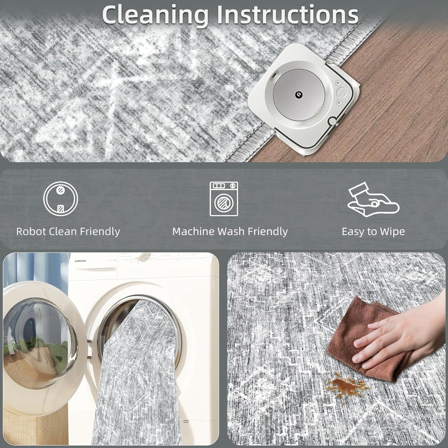 Moroccan Area Rug 2x3 - Washable Distressed Entryway Rug Non-Slip Small Rug, Soft Low-Pile Geometric Farmhouse Indoor Door Mat Floor Carpet for Entrance Bedroom Kitchen Bathroom (2 x 3, Grey)