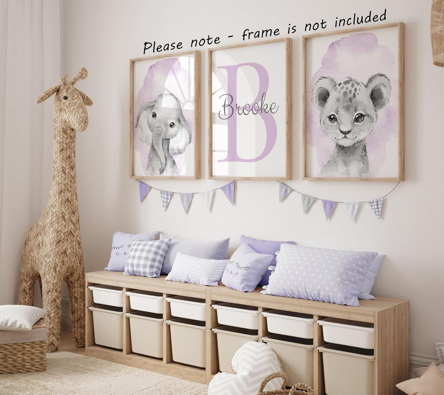 Safari Animals Set of 3 Unframed Poster Prints for Baby Girls Nursery Bedroom Playroom, Personalized Name, Choice of 12 Animals, Pink Purple (8x10)