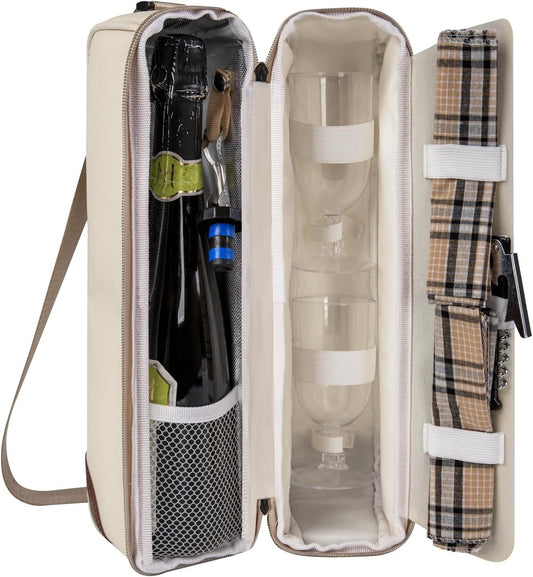 ALLCAMP Wine Tote Bag with Cooler Compartment，Picnic Set Carrying Two Sets of Tableware（Cream-Colored）