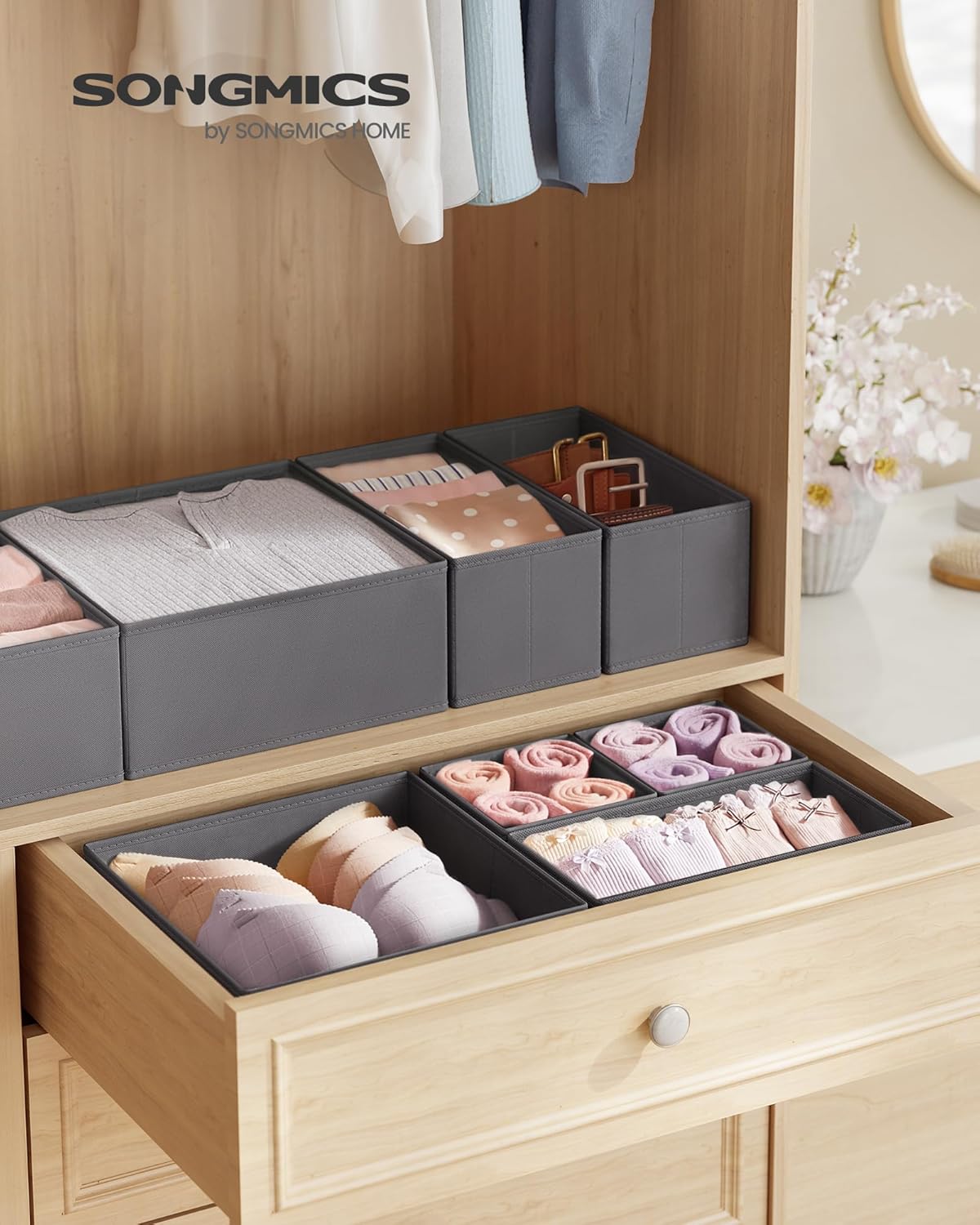 SONGMICS Drawer Organizer, Dresser Drawer Organizers, Set of 12, Foldable Fabric Storage Bins for Socks, Underwear, Bras, Ties, Scarves, Slate Gray URDZ006G03