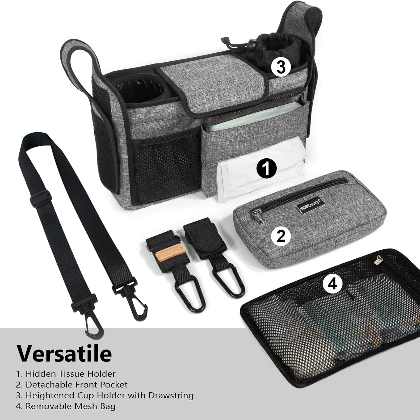 TOPDesign Universal Baby Stroller Organizer, Stroller Caddy with Detachable Mesh Bag & Heightened Insulated Cup Holders & Non-Slip Secure Hooks Accessories, Fits Most Strollers (Grey)