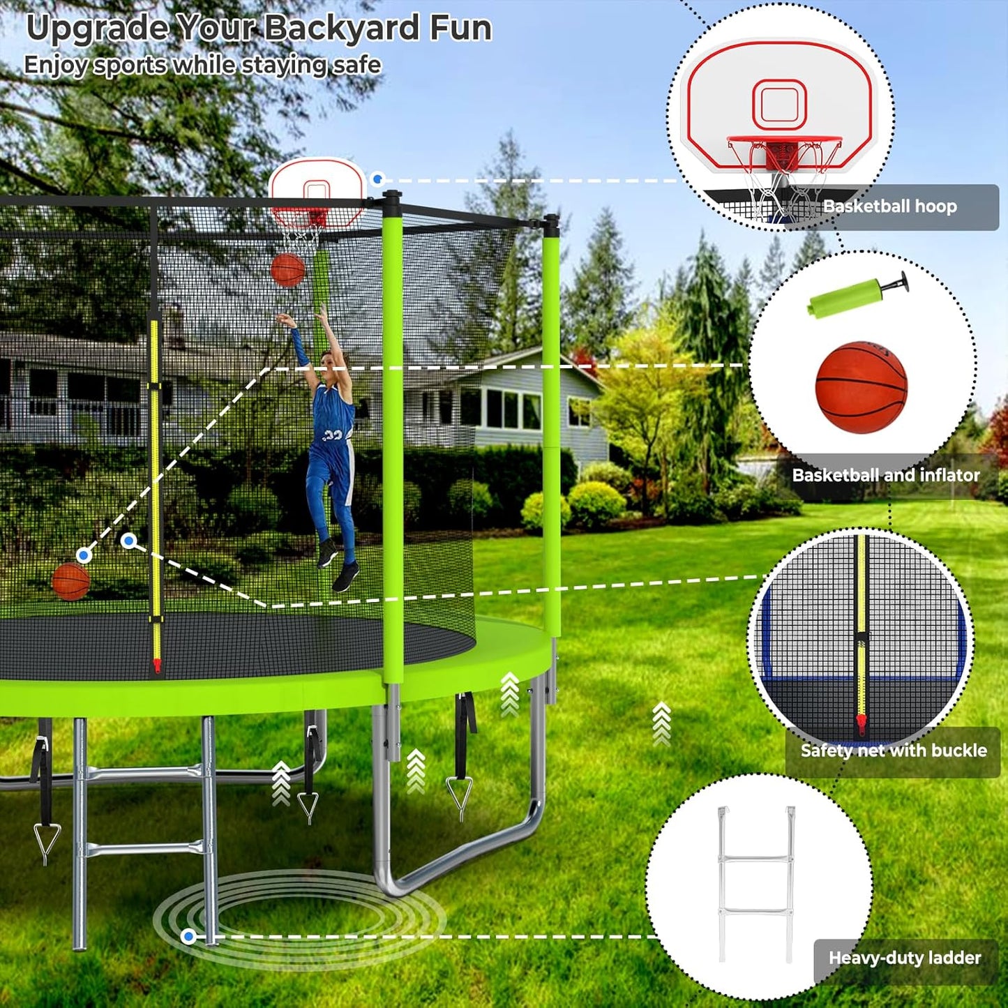 Upgraded 10/12/14/15/16FT Trampoline Outdoor, Large Kids Trampoline with Light, Stakes, Sprinkler, Backyard Trampoline with Basketball Hoop and Net, Capacity for 4-6 Kids and Adults