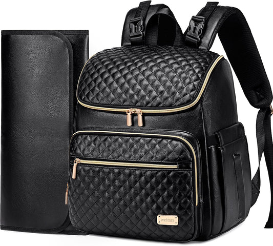 Weitars Diaper Bag Backpack Leather Baby Diaper Bag with Changing Pad Travel Diaper Backpack,Baby Bag for Mom,Stroller Straps,5 Insulated Pockets (Black Leather)