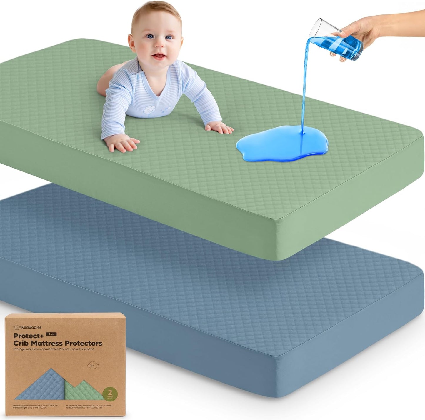 Waterproof Crib Mattress Protector Cover Fitted - 2-Pack Quiet Baby Crib Mattress Pad Sheets, 52" x 28" Soft Quilted Cotton Baby Sheet, Machine Washable, Easy Fit, Durable (Lagoon/Quin)