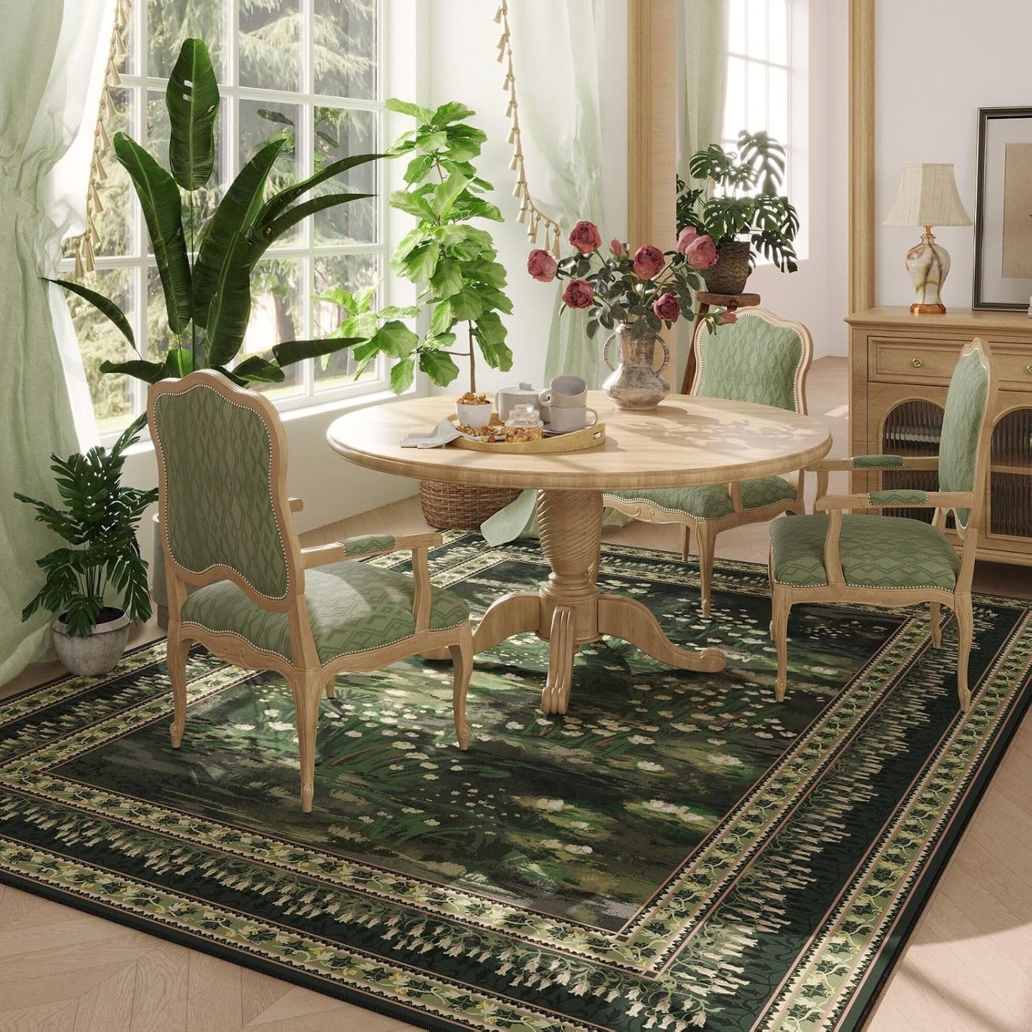 Area Rugs 8x10 Clearance Impressionist-Style Vintage Washable Area Rug Non Slip Low Pile Large Rug for Bedroom Farmhouse Dining Room Kids Playroom, Green