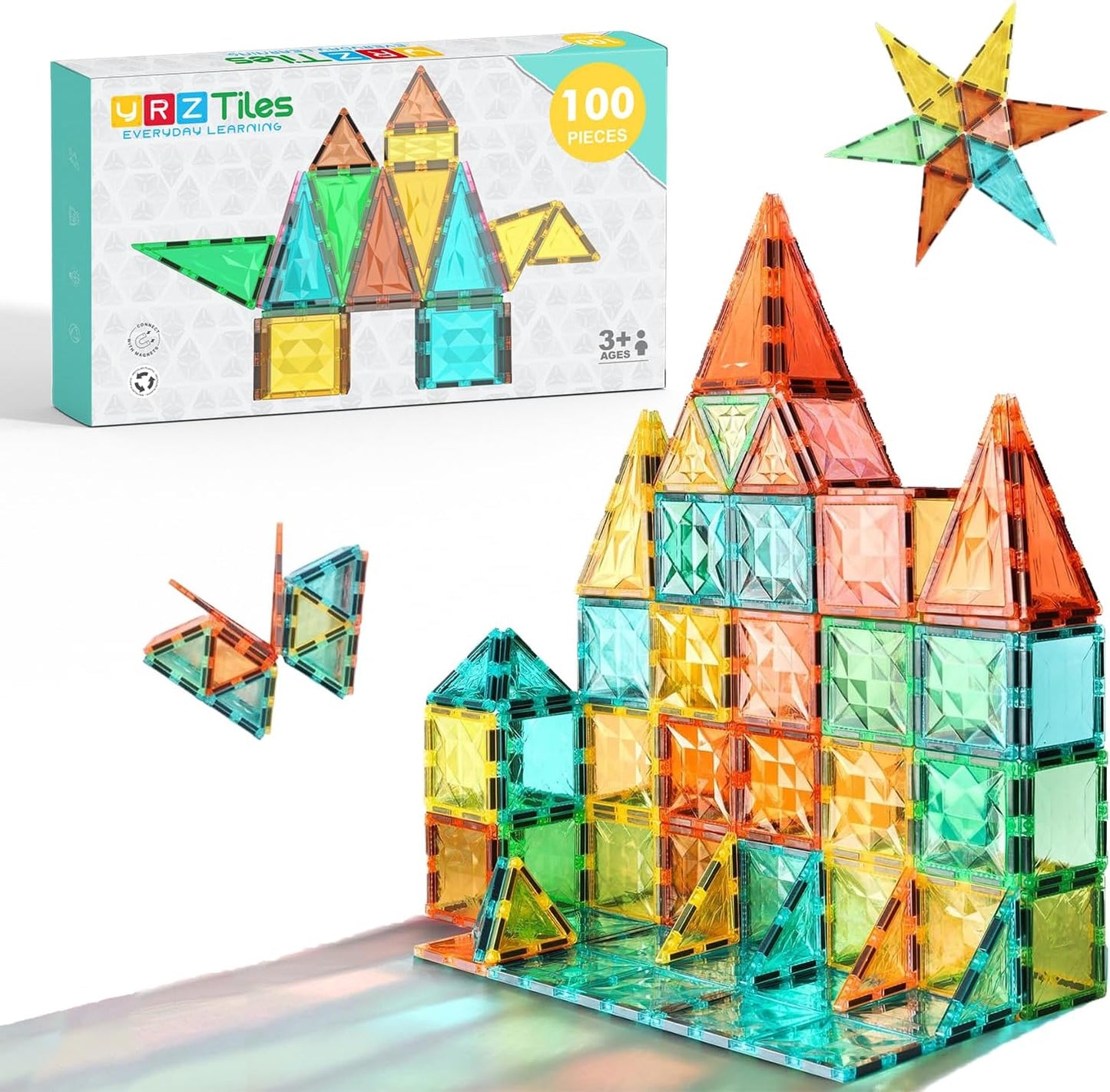 Magnetic Tiles 100-Piece Set for Kids, Magnetic Building Blocks STEM Toys for Age 3+ Boys and Girls, Educational Magnet Construction Tiles for Creativity & Learning