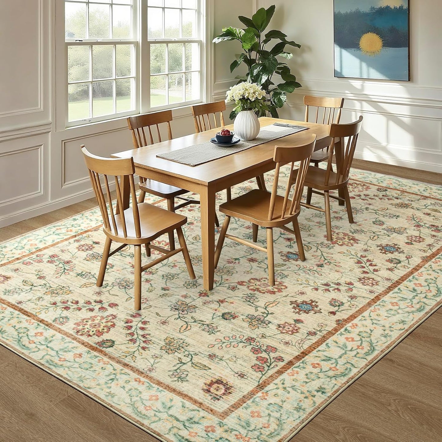 LOCHAS Washable Area Rugs 6x9, Beige Floral Rug for Living Room Bedroom Non Slip, Ultra Soft Vintage Indoor Carpet for Kids, Nursery, Dorm, Dining Room, Classroom, Boho Flower Home Decor, Low-Pile