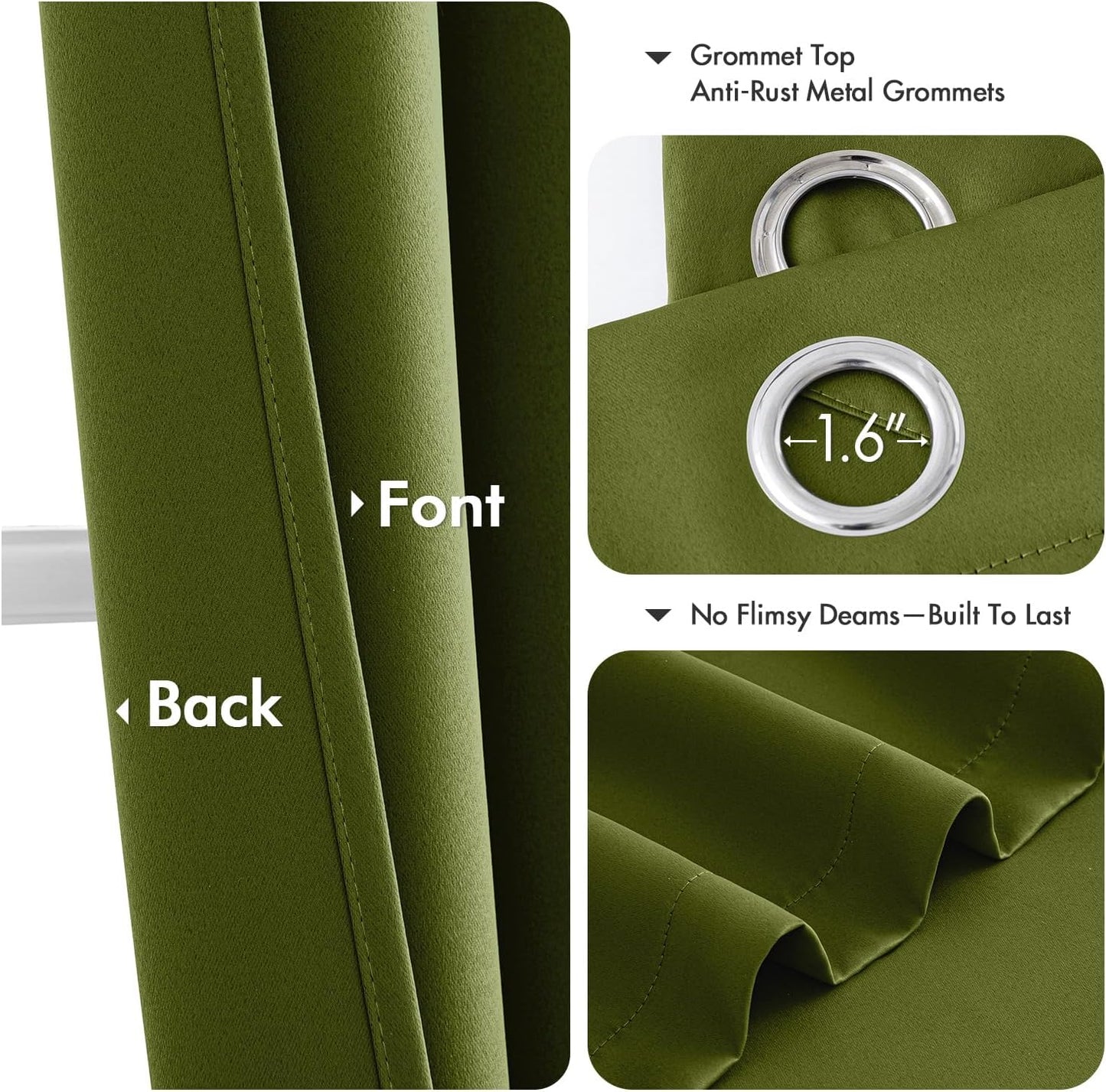 MIULEE Light Olive Green Blackout Curtains for Bedroom Living Room 63 Inches Long 2 panels, Thermal Insulated Room Darkening Drapes Grommet Top Noise Reducing Light Blocking Window Curtains 40x63 Inch