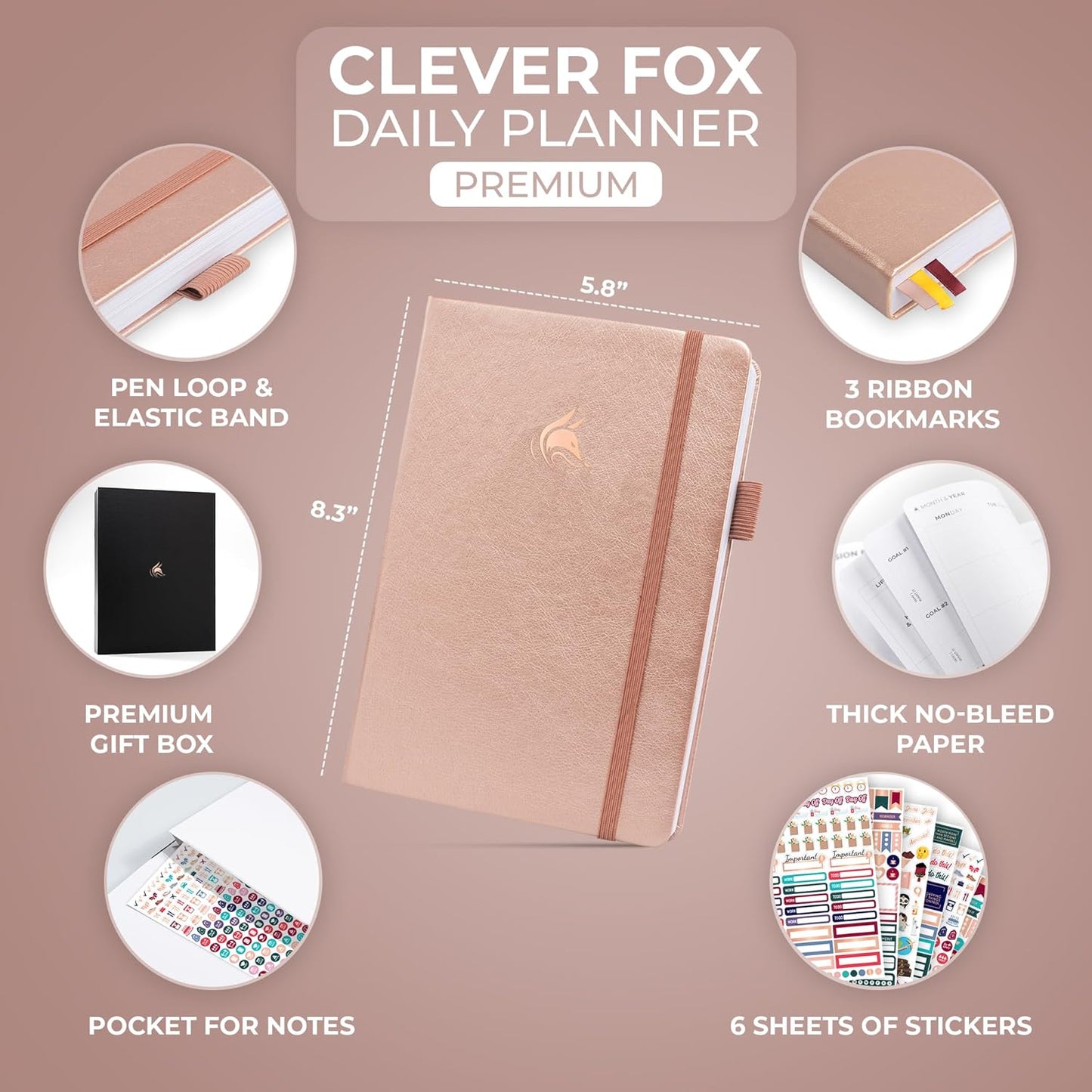 Clever Fox Planner Daily Premium – Undated Daily Planner with Hourly Schedule, Personal Organizer, Productivity Journal, 6 Months (Rose Gold)