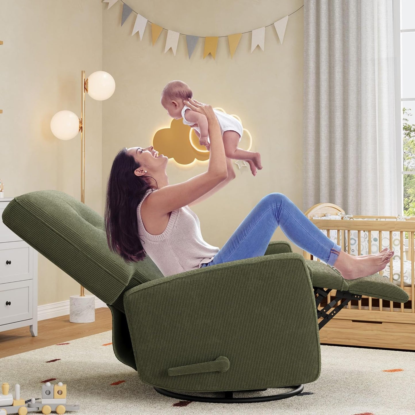 Recliner Chairs, Swivel Rocker Recline, Glider Recliner Nursery Chair for Adults, 360° Swivel Glider Rocking Chair for Living Room, Bedroom, Office, RV, Small Spaces, Corduroy, Green