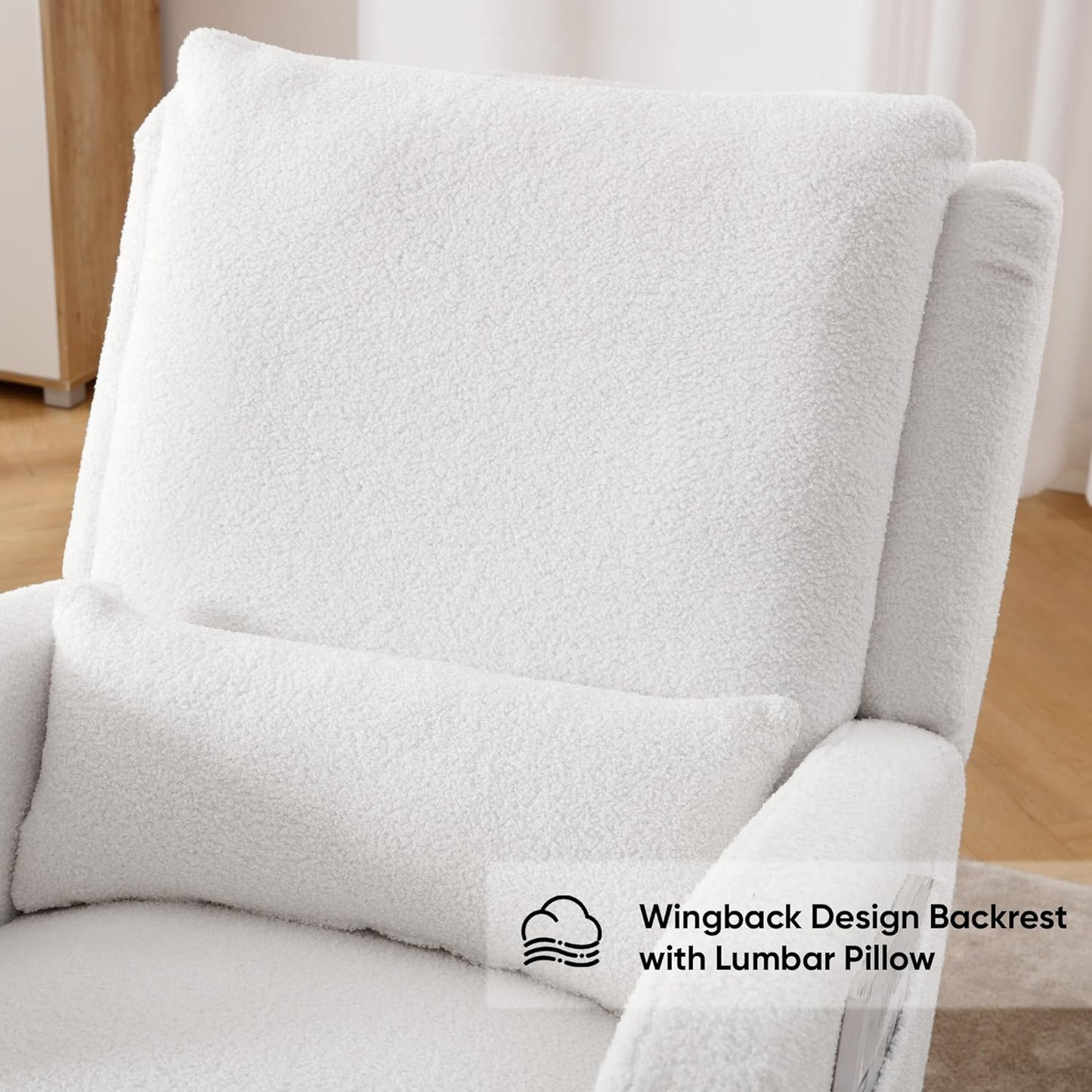Rocking Chair Nursery, Sherpa Nursing Rocking Chairs, Upholstered Nursery Glider Rocker Wingback Morden Rocking Chair with Lumbar Pillow for Mom Nursery, Living Room, Bedroom, Teddy White