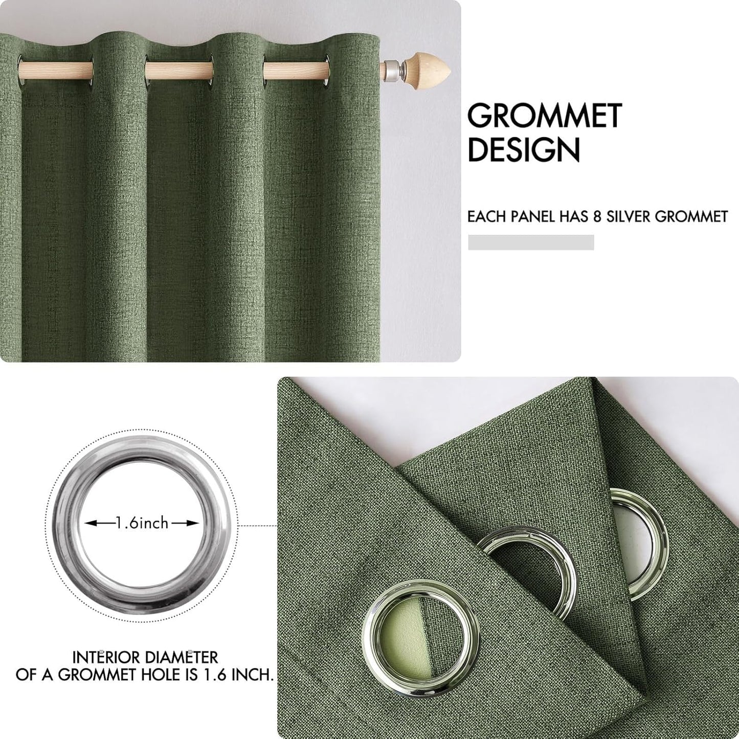 MIULEE 100% Blackout Linen Textured Curtains for Bedroom Solid Thermal Insulated Olive Green Grommet Room Darkening Curtains & Drapes Luxury Decor for Living Room Nursery 42 x 90 Inch (2 Panels)