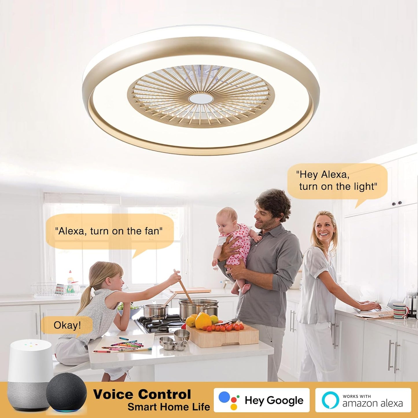 24" Bladeless Ceiling Fan with RGB Light Remote, Smart LED Ceiling Fans with Voice/App Control, Modern Low Profile Dimmable Light Ceiling Fan for Bedroom Living Room
