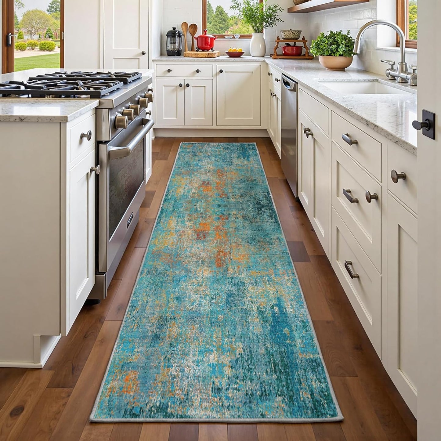 Washable Area Rugs 2'x6' Non-Slip Modern Abstract Soft for Living Room Entryway Bedroom Nursery, Print Pattern, Teal Blue Green Orange Rust Red Colorful