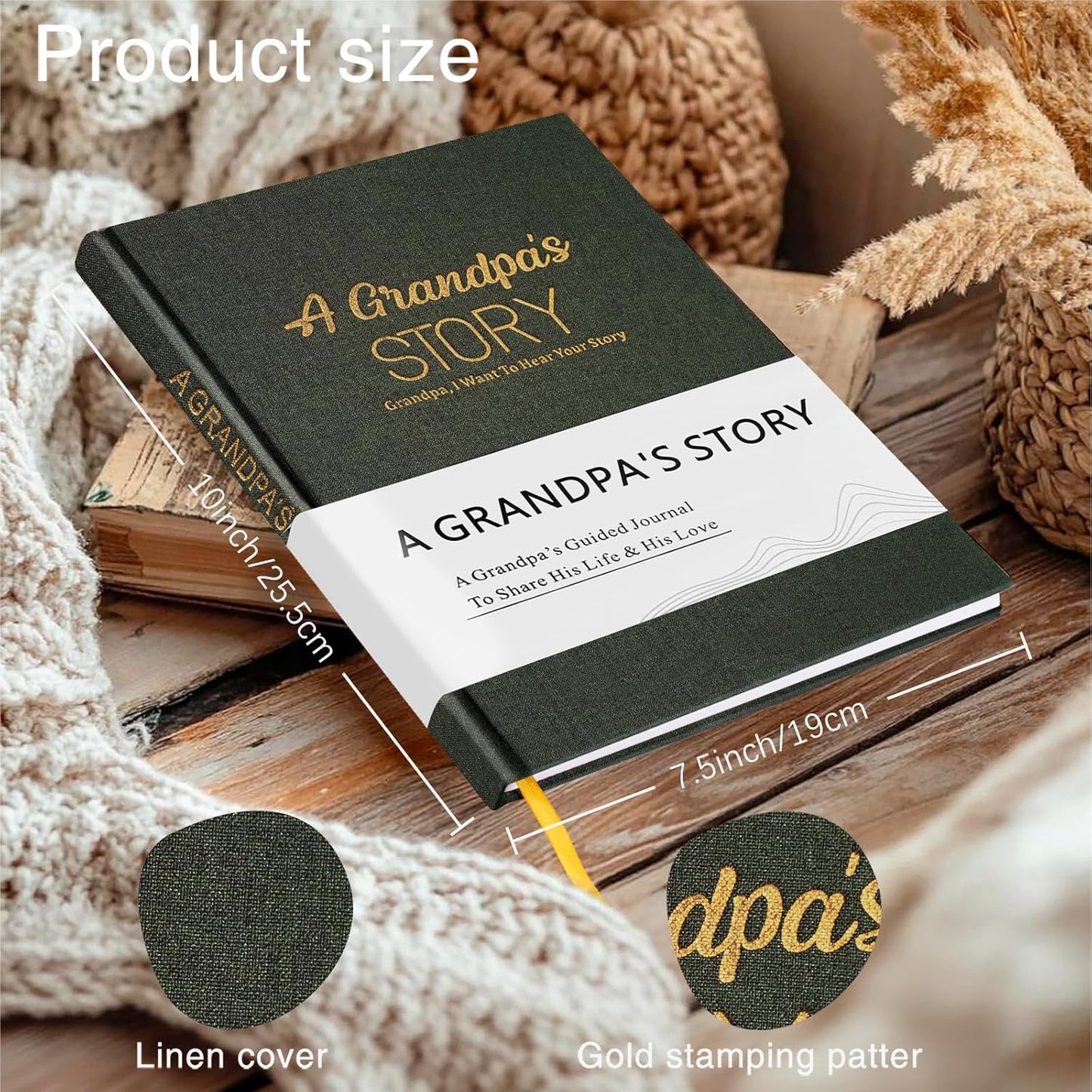 Artmag Grandpa's Life Story Journal Family Keepsake Book Linen Hardcover for Grandpa to Share His Memories, with 250+ Prompt Questions Gift for Birthday Father's Day Christmas (Dark Green)