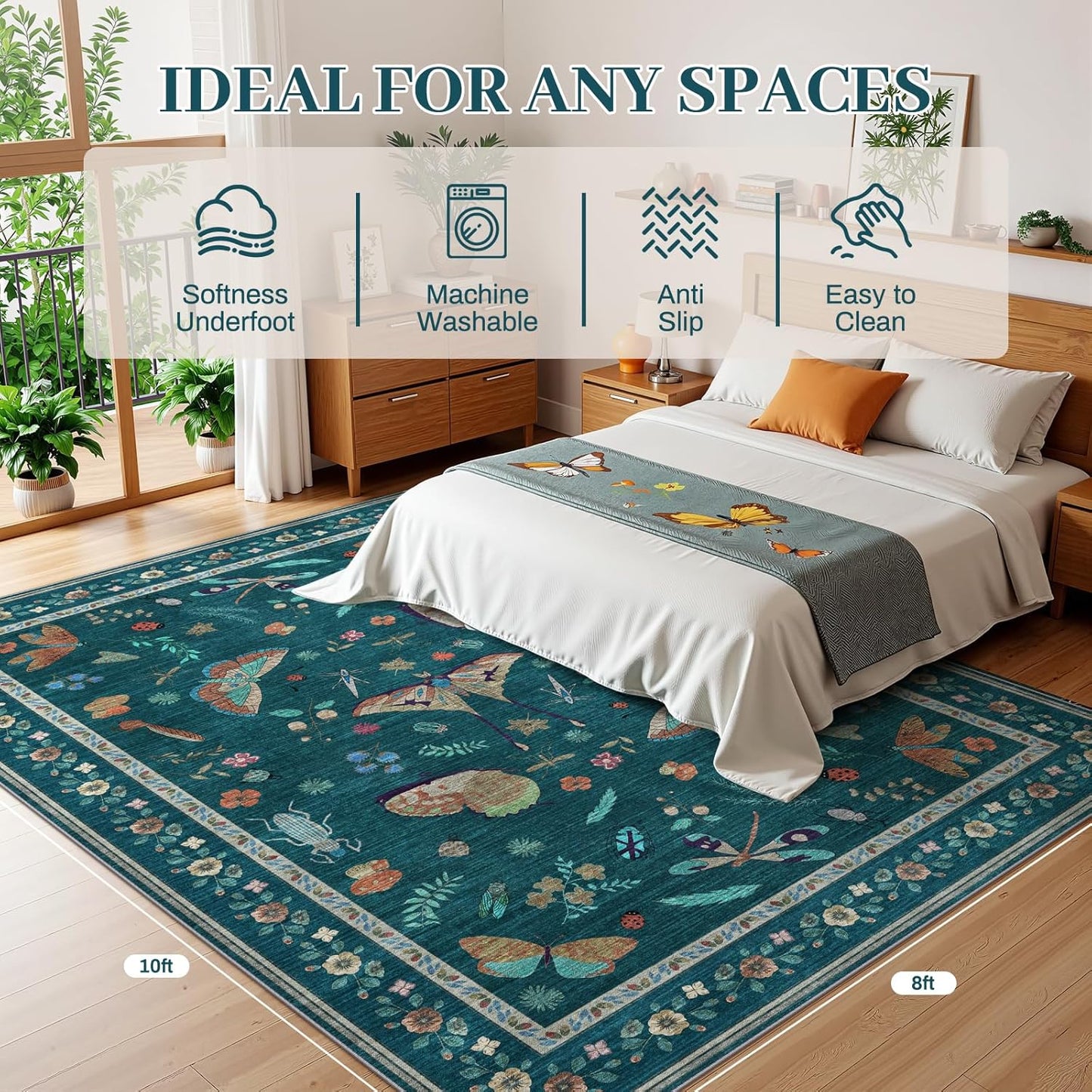 8x10 Area Rugs with Insect Print - Bug Rug Non-Shedding Stain Resistant Soft Carpet for Bedroom, Low Pile Ultra-Thin Machine Washable Carpet for Dining Room, Kids Nursery, Office (8'x10' Teal)