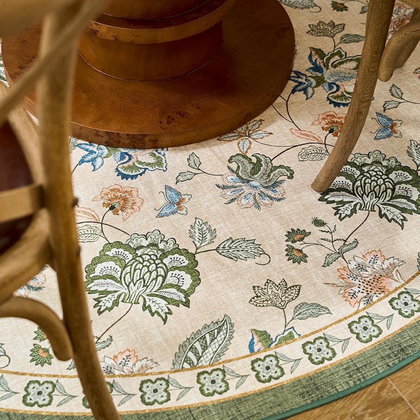 jinchan 6ft Floral Round Rug for Dining Room Washable Living Room Rug Vintage Romance Design Non Slip Indoor Floor Cover Lightweight Low-Profile Throw Carpet for Bedroom Porch Patio, Green/Beige