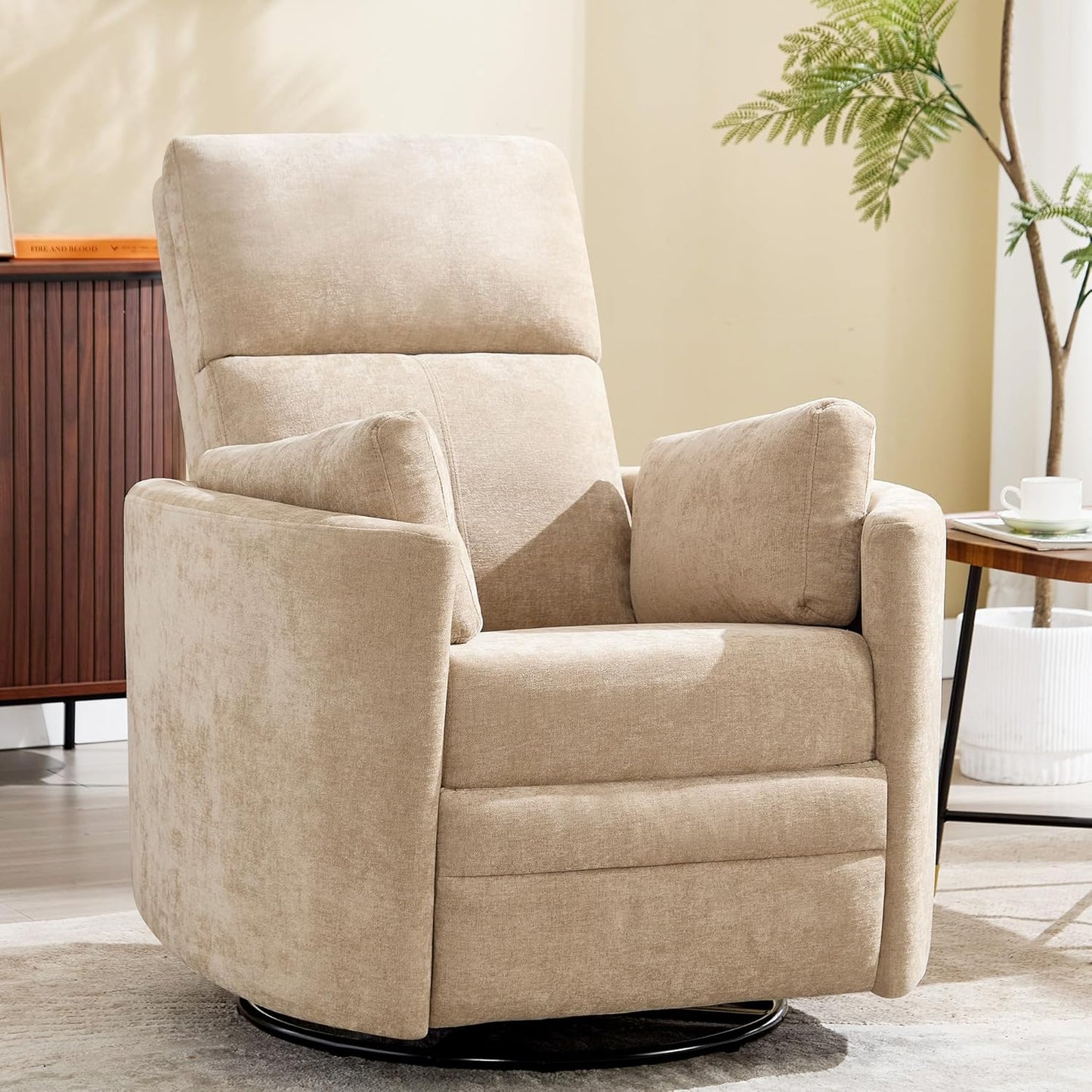 Swivel Rocker Recliner Chair,Manual Nursery Swivel Rocking Recliner,Upholstered Adult Rocking Glider Chair with 2 Pillows for Living Room Bedroom (Khaki, Manual Operation)