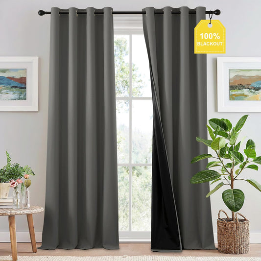 NICETOWN 100% Blackout Curtains for Living Room 96 inches Long, Grommet Thermal Insulated Window Treatment Lightweight Travels Portable Shades for Bedroom/Kids Room, Dark Grey, W52 x L96
