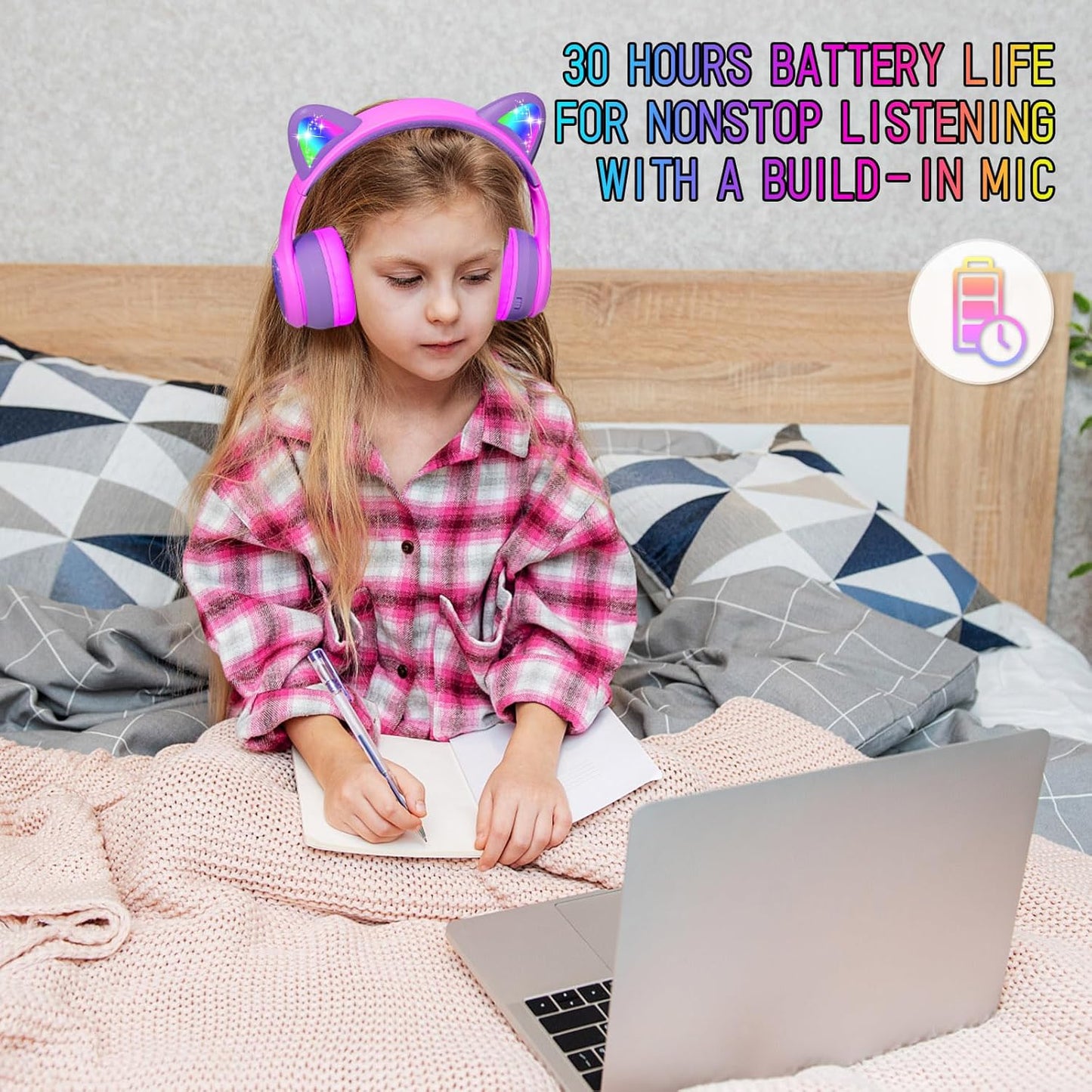 IFECCO Wireless Kids Headphones with Microphone,Foldable Cute Light Up Cat Ear Children Girls Bluetooth Headphones with Case for School Gifts Travel