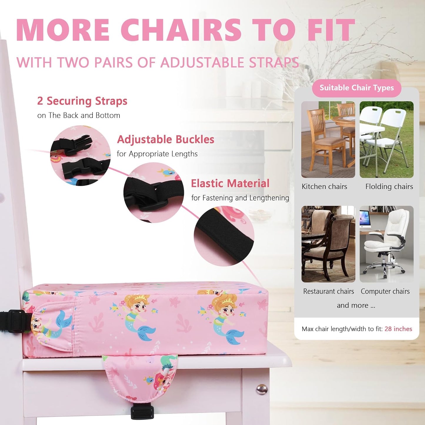 Booster Seat for Kitchen Chair with Adjustable Straps, Toddler Booster Seats for Dining Table Portable for Travel Camping Eating, Booster Cushion for Table for Baby Child Infant Kid Boy Girl