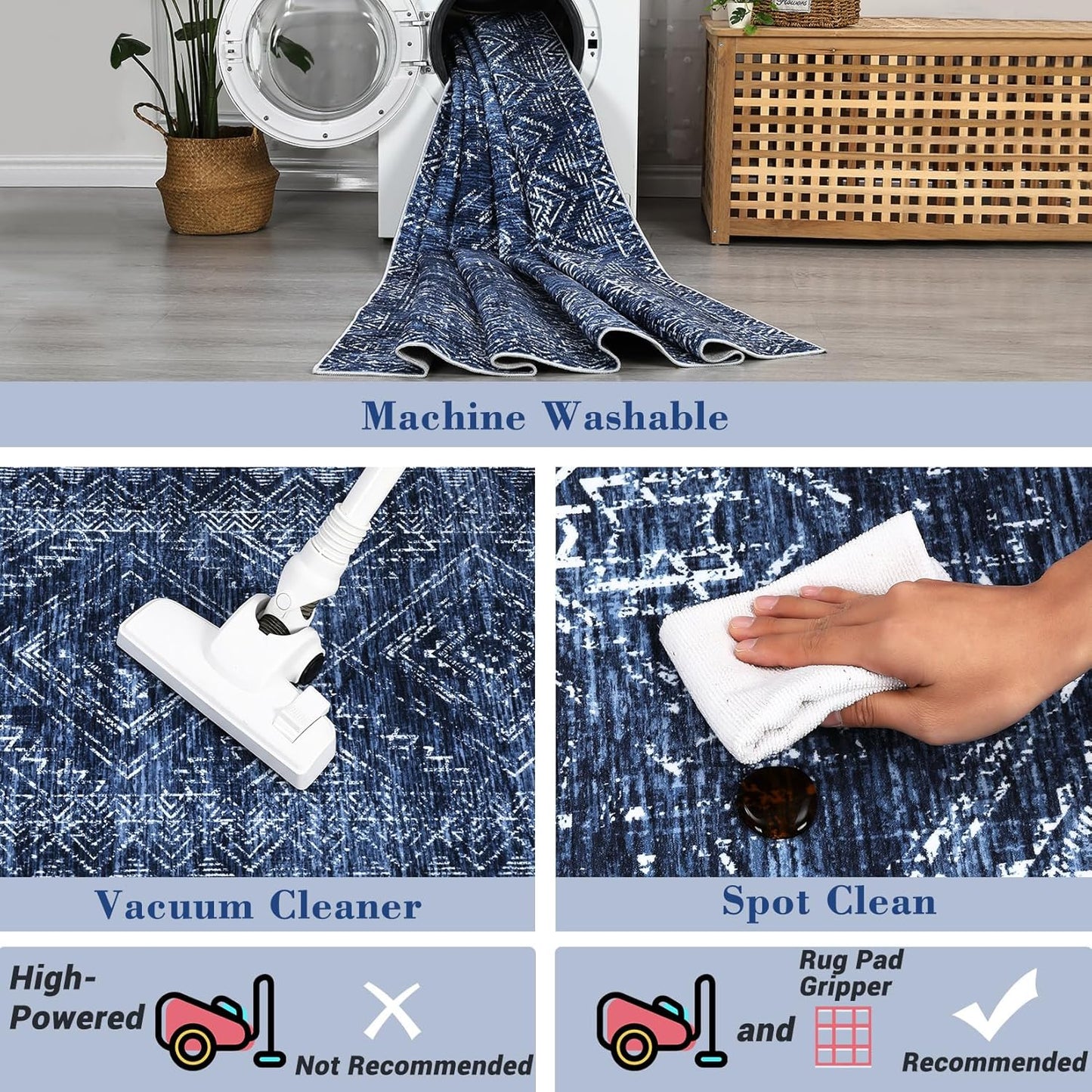 COZYLOOM 6x9 Washable Area Rug Vintage Non Slip Low Pile Rug Soft Throw Floor Cover Geometric Tribal Foldable Indoor Carpet for Living Room Bedroom Playroom Nursery, Blue