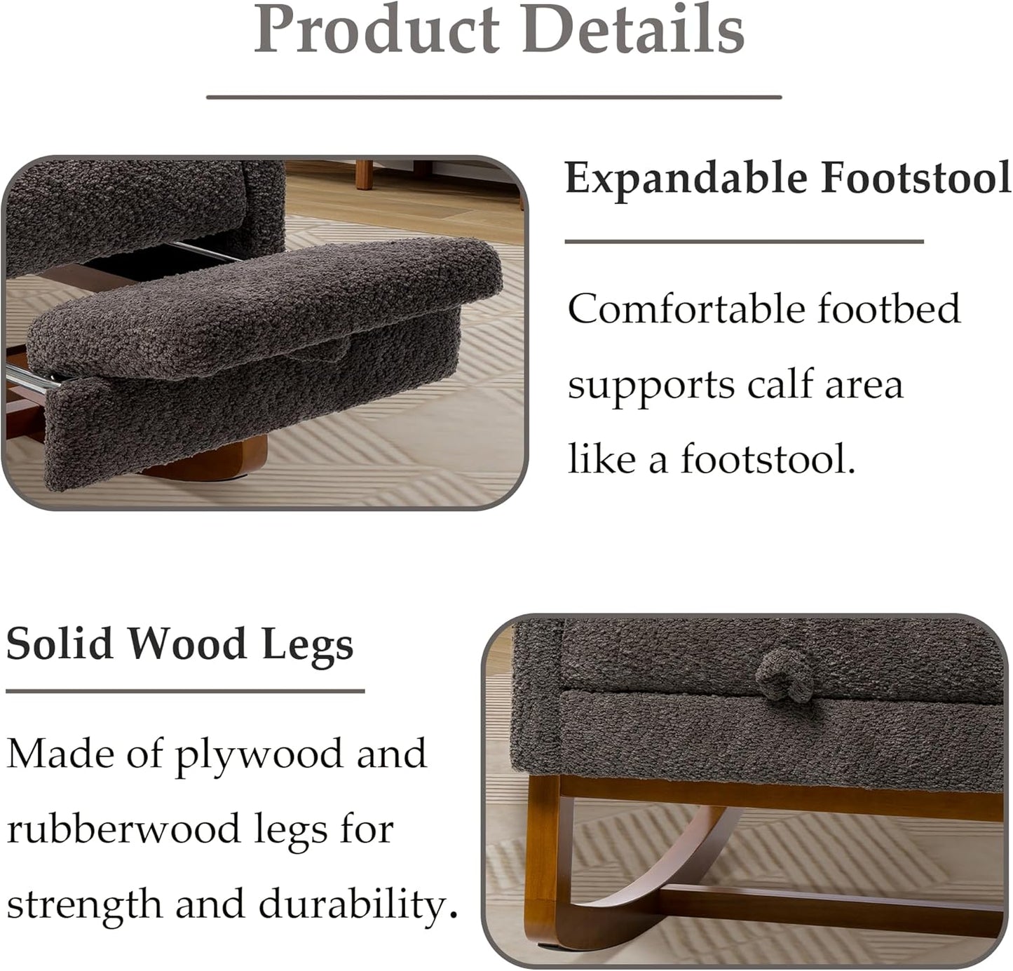 Nursery Rocking Chair with Foot Rest, Upholstered Glider Chair with Two Side Pockets, High Back Nursing Chair, Rocker Accent Armchair for Bedroom Living Room (Charcoal)