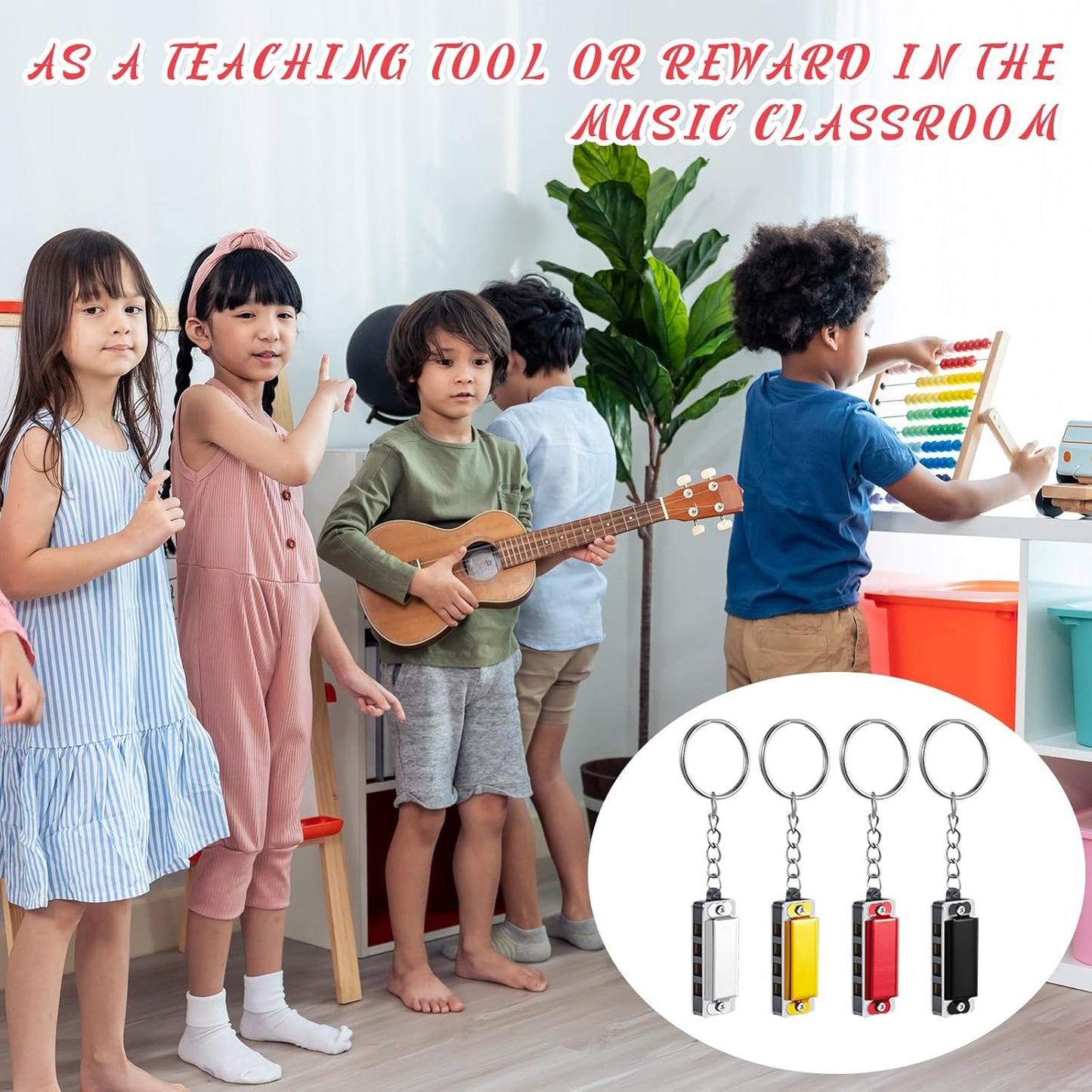 Ecally 32 Pcs Mini Harmonica Keychain for Kids Operation Christmas Favors Portable Wind Instruments 4 Holes 8 Tunes Harmonica Music Party Favors Cute Music Keychain Accessory (Classic Color)