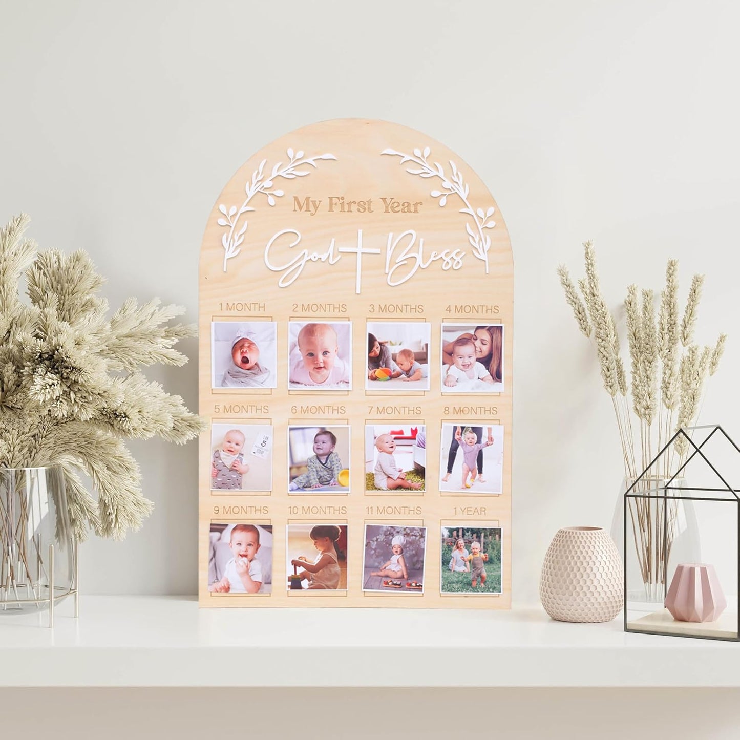 God Bless My First Year Photo Board - 1st Holy Communion Monthly Photos Display,God Bless 1 To 12 Months Photo Wooden Board,Baby Baptism Party Milestone Photos,Wooden Cross Photo Board (God Bless)
