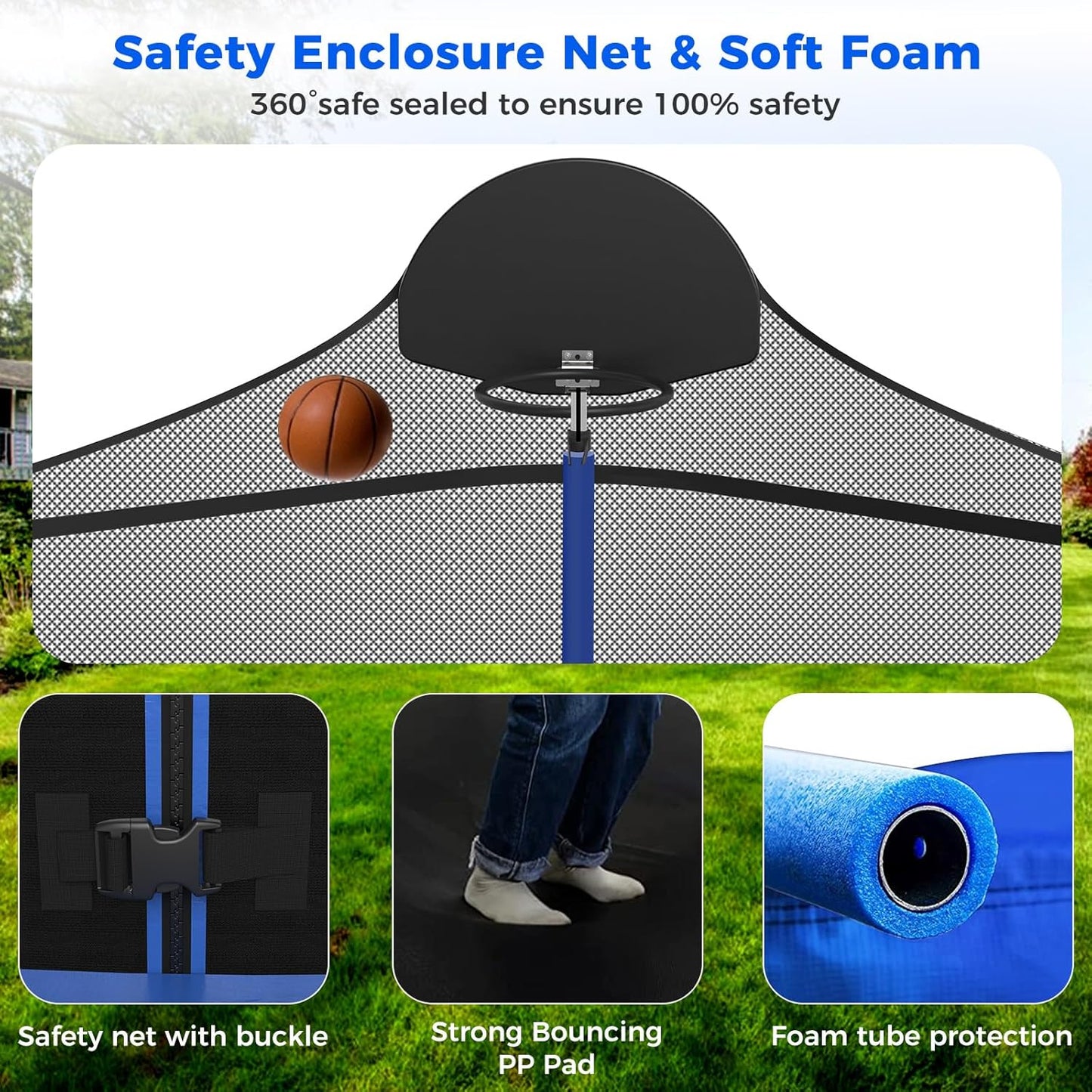 Upgraded 10/12/14/15/16FT Trampoline Outdoor, Large Kids Trampoline with Light, Stakes, Sprinkler, Backyard Trampoline with Basketball Hoop and Net, Capacity for 4-6 Kids and Adults