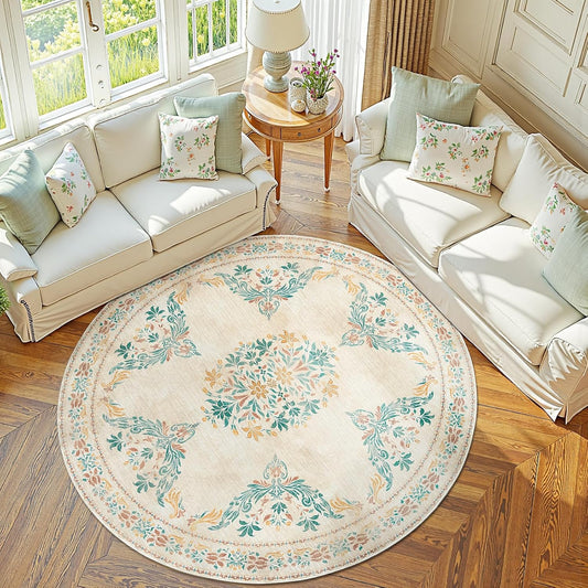 jinchan Round Rug 6ft Area Rugs Vintage Floral Distressed Design,Machine Washable Soft Non-Slip Low-Pile Ultra-Thin Circle Rug for Bedside Living Room Dining Room Bedroom (6' Round, Apricot Multi)
