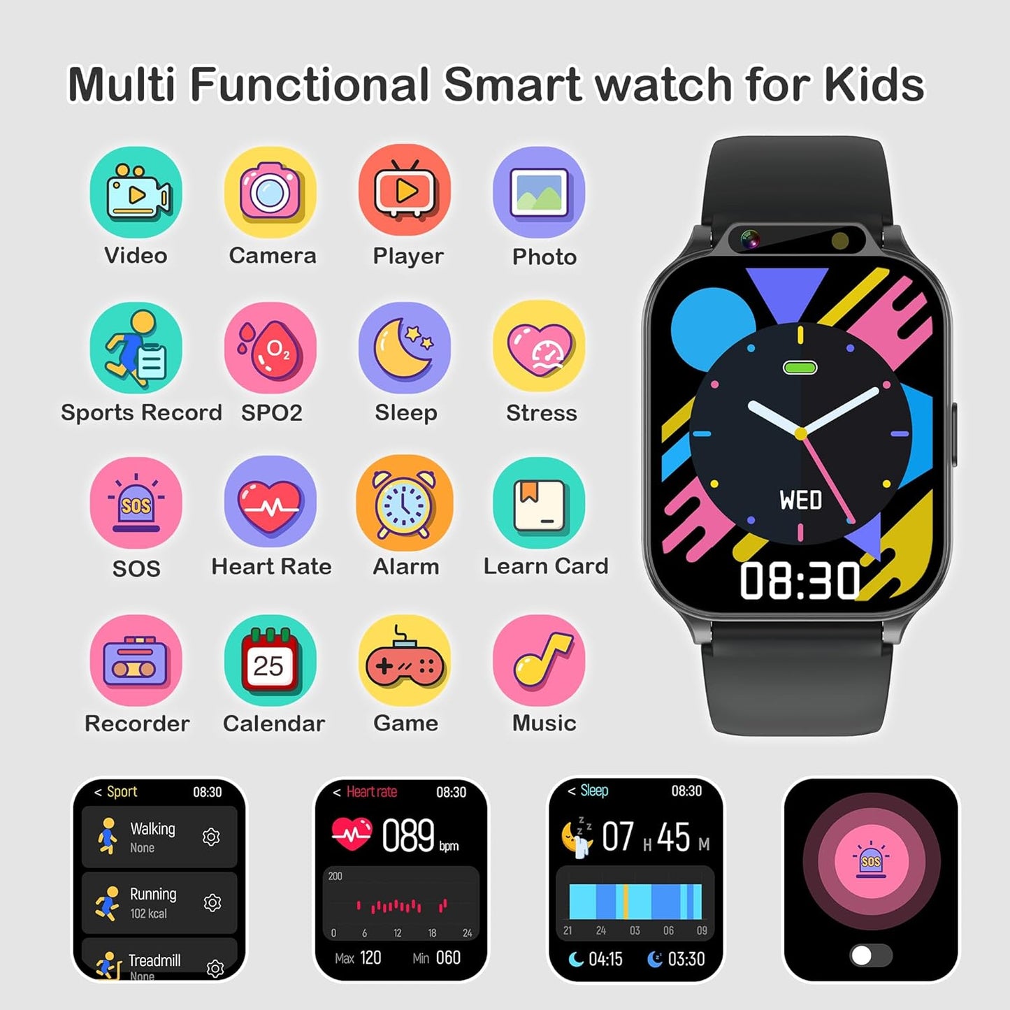 Smart Watch for Kids with Fitness & Sleep Tracker, Waterproof Kids Smart Watch Boys Gifts Age 5-12, Heart Rate Sport Modes SOS Button DIY Dial HD Camera Alarm Clock Games Music Recorder, NO APP/Phone