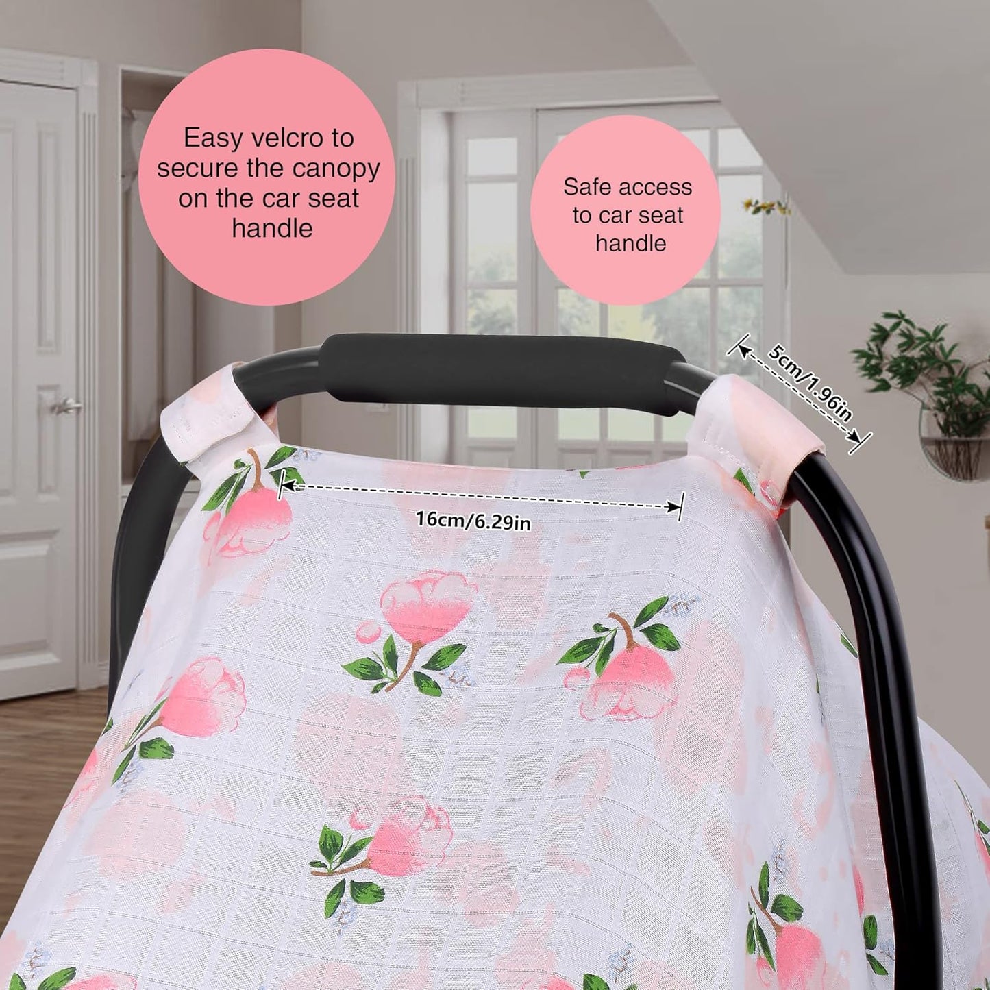 Rquite Car Seat Covers for Babies - 100% Muslin, Lightweight, Soft, Breathable Baby Carrier Cover - Summer Stroller Canopy (Pink Flower)