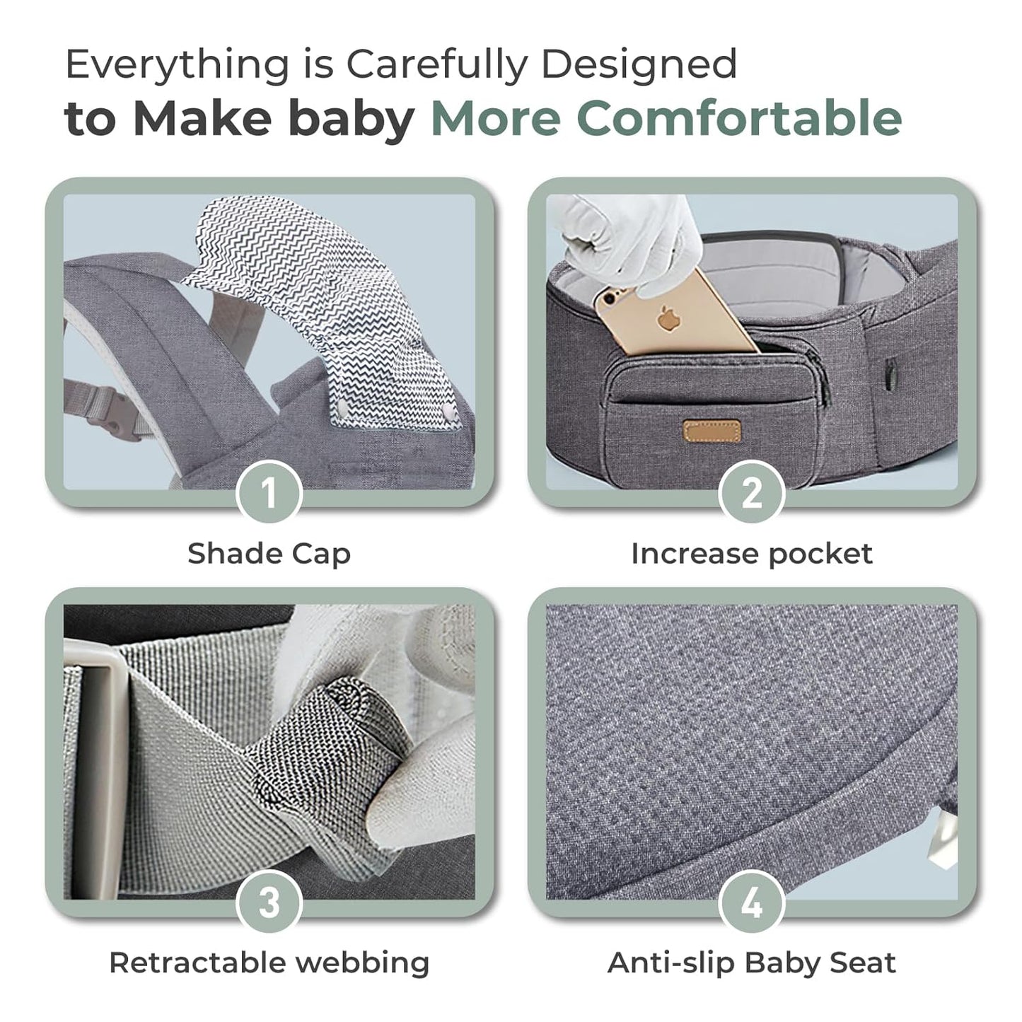 FRUITEAM Baby Carrier with Hip Seat for Breastfeeding, One Size Fits All - 6-in-1 Adjustable Toddler Carrier with Lumbar Support, All Seasons, Adapt to Newborn, Infant & Toddler (Greyish)