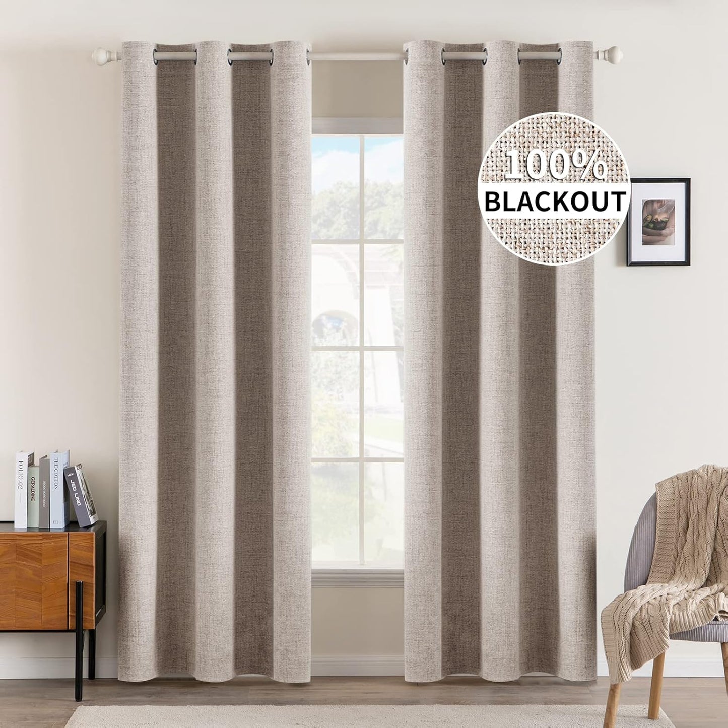 MIULEE Linen Blackout Curtains and Drapes 100% Room Darkening Thermal Insulated Grommet Window Panels with Coating 2 PCs W 42 x L 84 inches Khaki