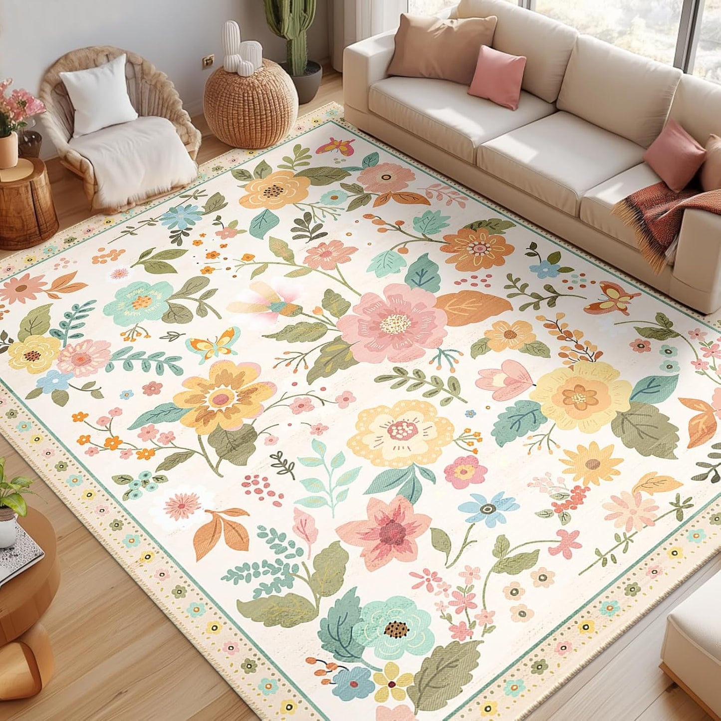 Floral 9x12 Area Rug Machine Washable Soft Print Boho Carpet Non Slip Doormat Low Pile Flower Area Rugs for Living Room Bedroom Nursery Kitchen Dining Room Indoor-Beige/White/Orange
